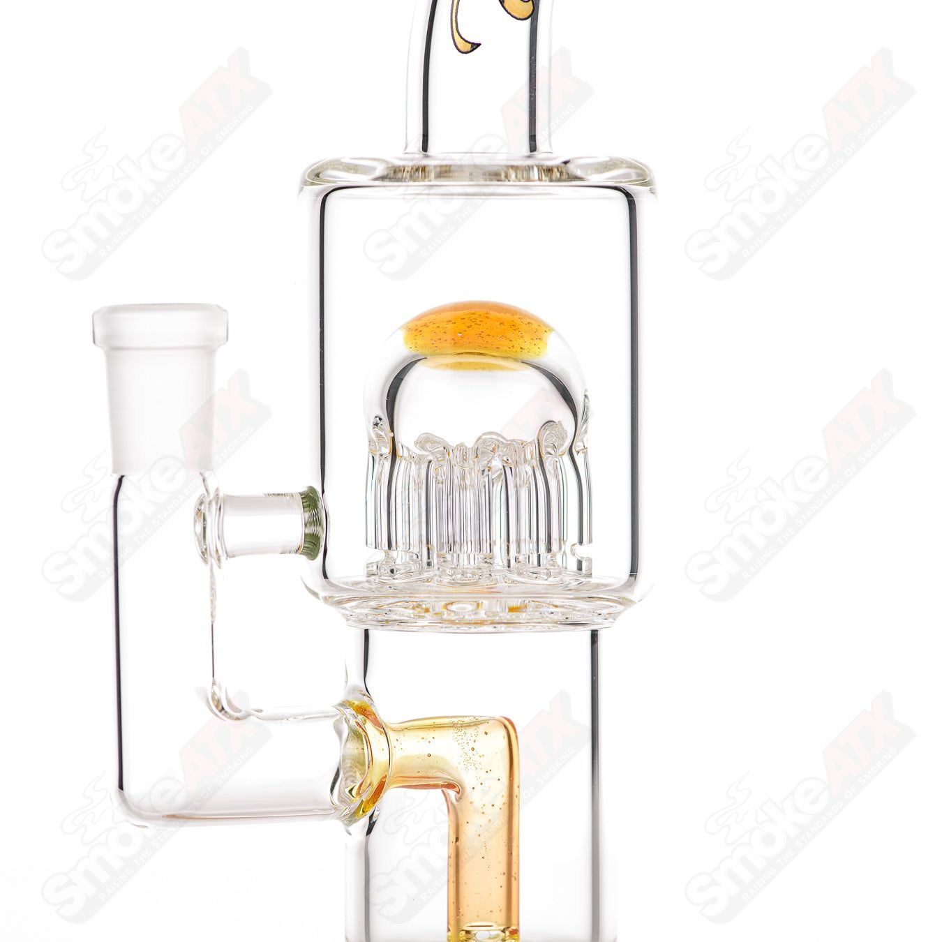 Toro 10mm double macro 8-arm tree-shaped concentrate rig with two-color accent foot and mouthpiece, made of glass.