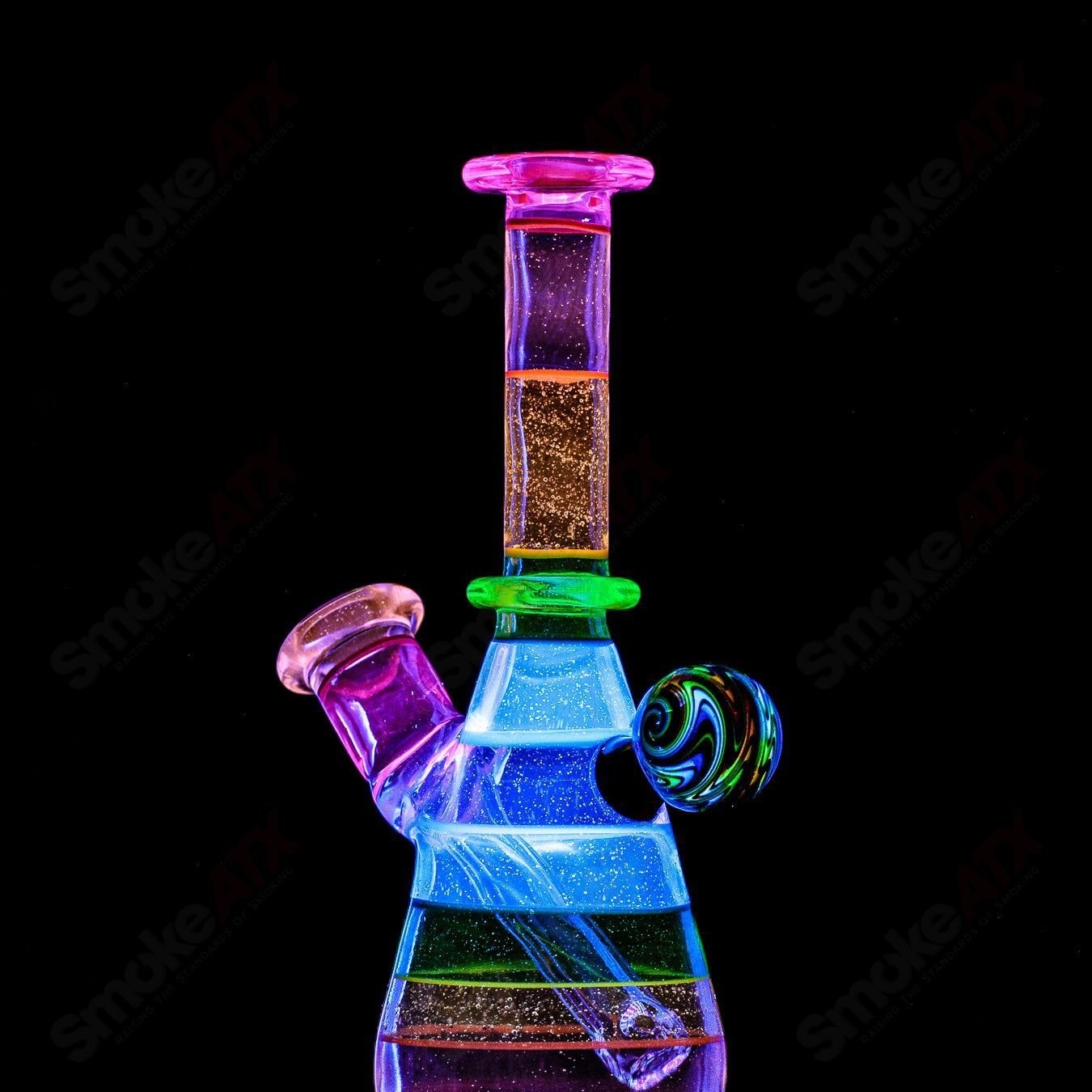 Dustorm Glass 14mm UV secret double rainbow tube waterpipe with vibrant rainbow accents and clear glass detailing.