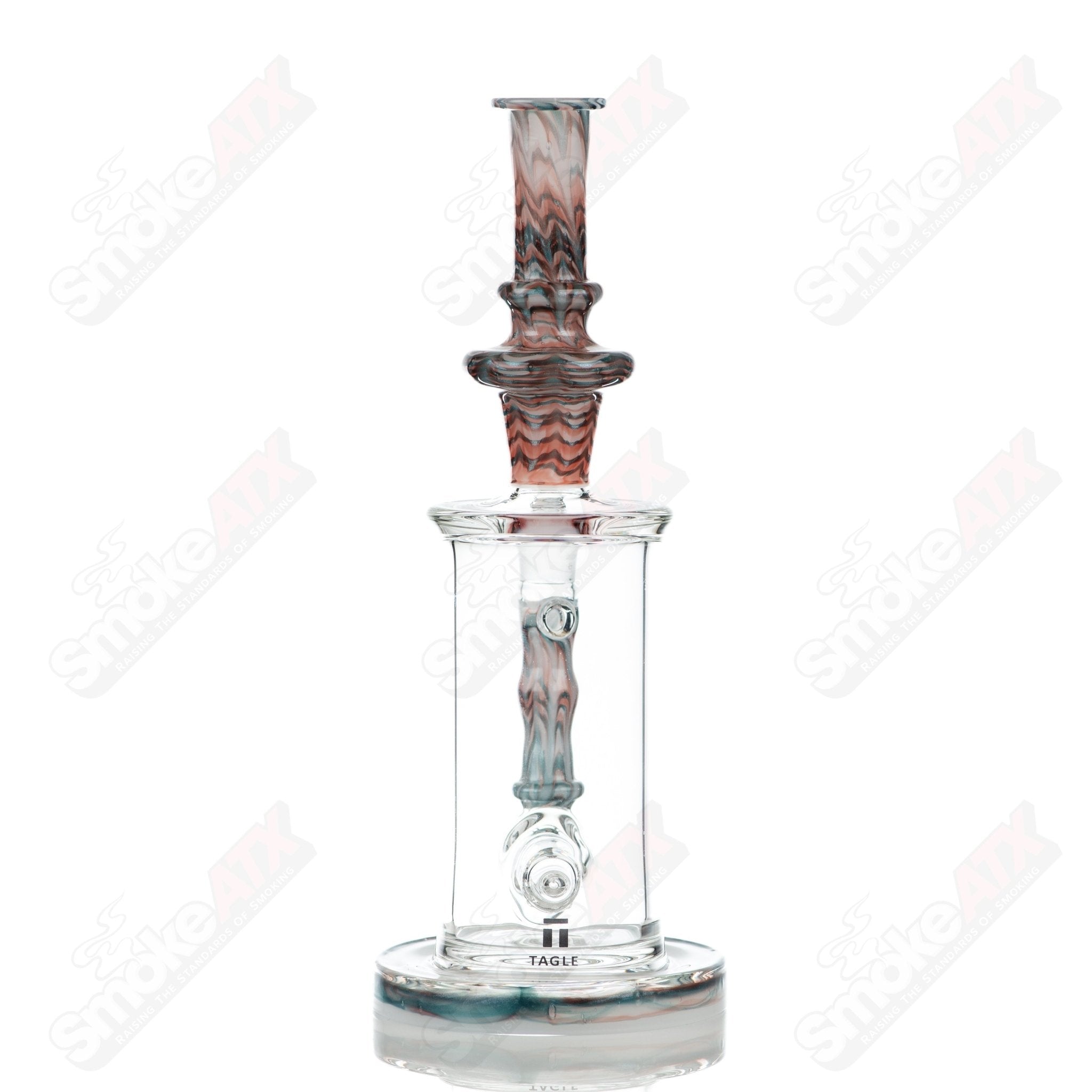 Tagle Glass 18mm 60mm Wrap n Rake inline waterpipe tube made of clear glass with detailed design.