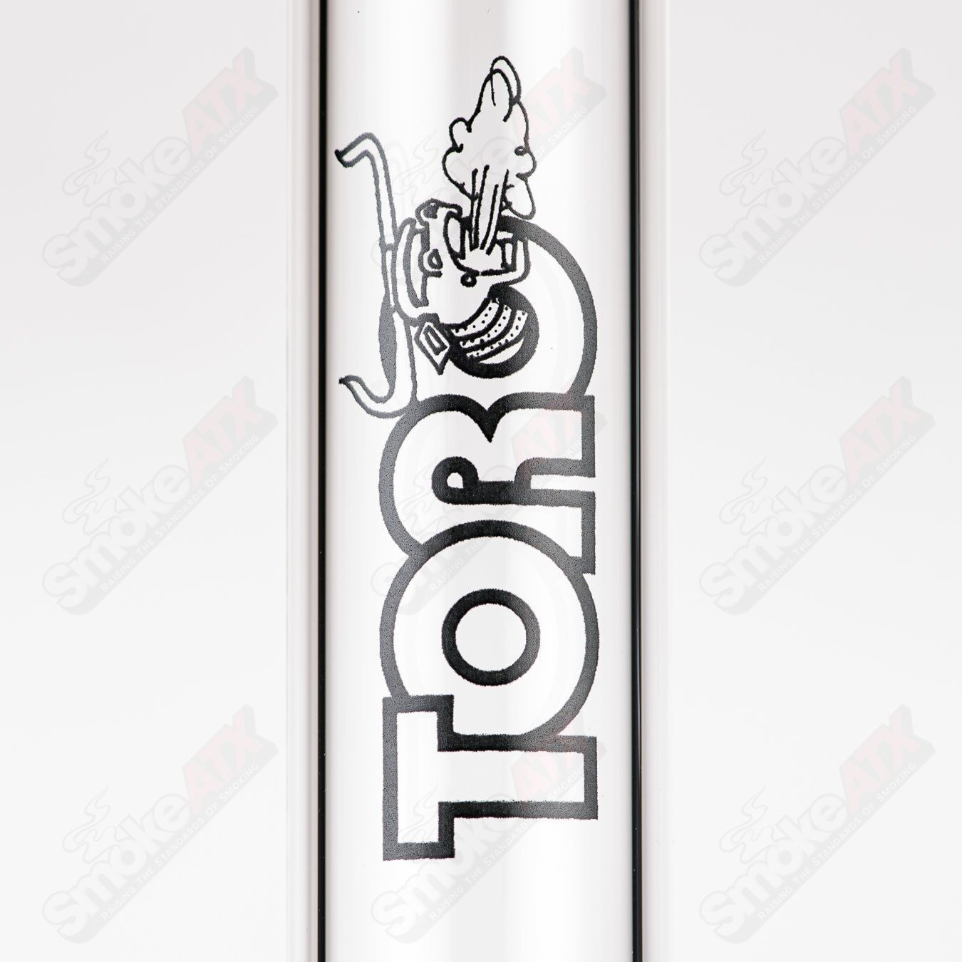 Toro glass straight tube with 18mm circular joint, 13-arm perc, colorful foot and mouthpiece accents.