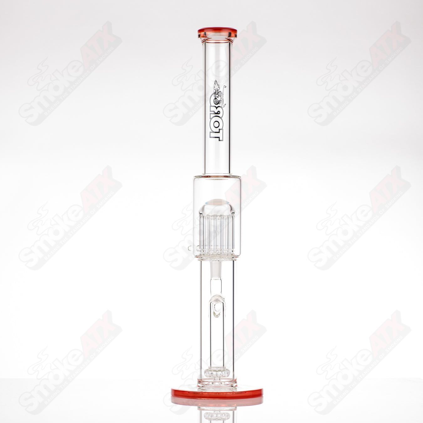 Toro glass straight tube bong with 18mm circular joint, 13-arm perc, colorful foot and mouthpiece accents.