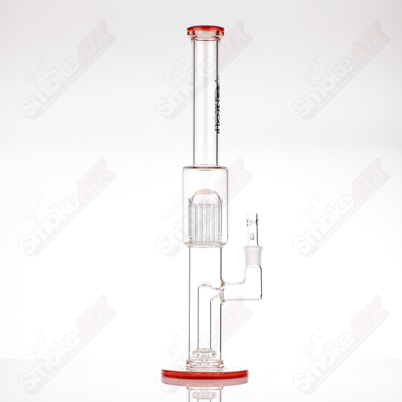 Toro 18mm circular to 13-arm perc glass straight tube with colorful foot and mouthpiece accents, designed for smooth smoking.
