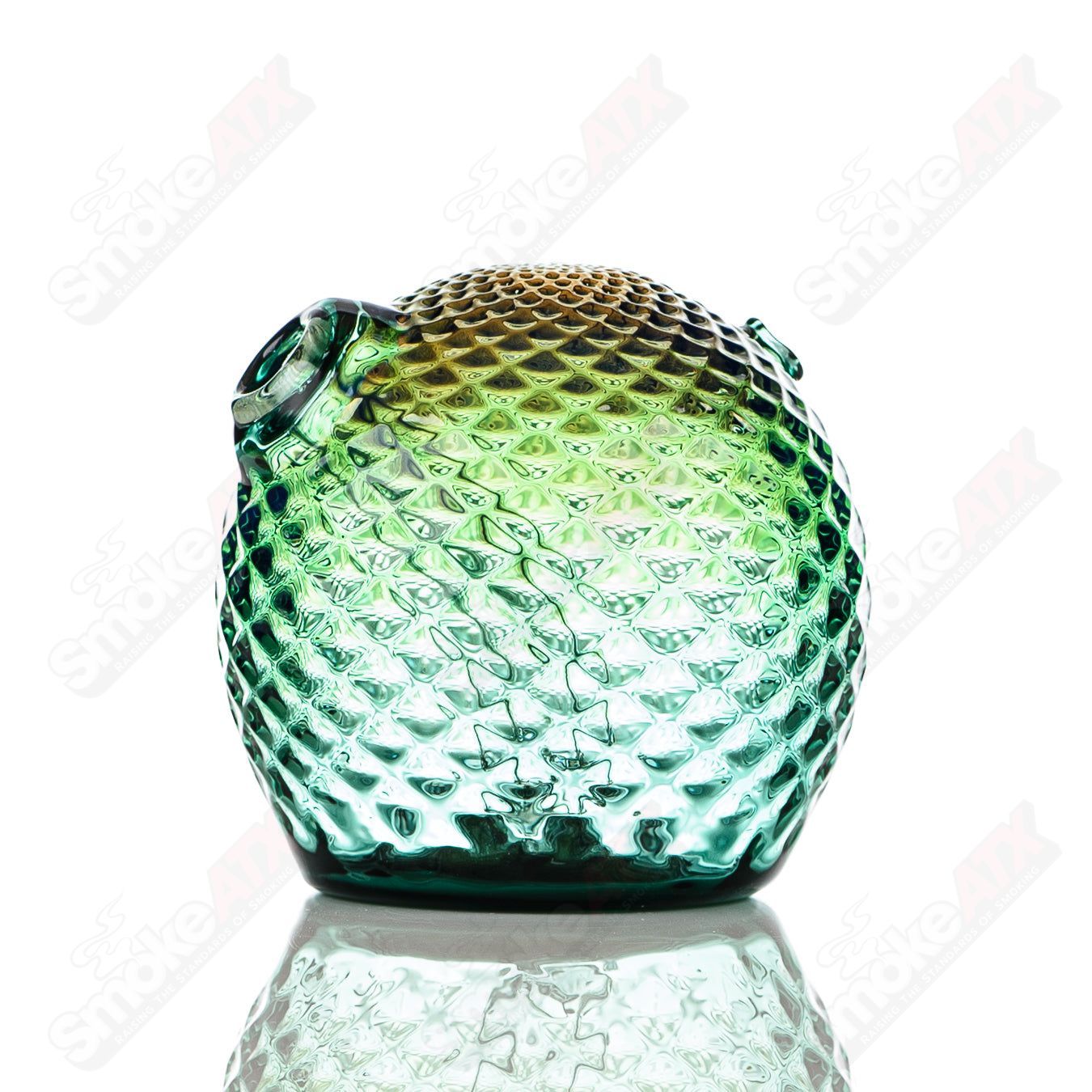 Fumed color sphere rig by James Lang, glass concentrate rig with a spherical design and vibrant color accents.