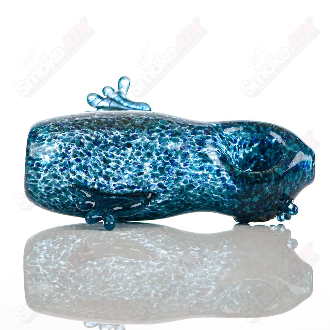 Glass pipe from Four Winds Flameworks with two hooter design, crafted with colorful glass details.