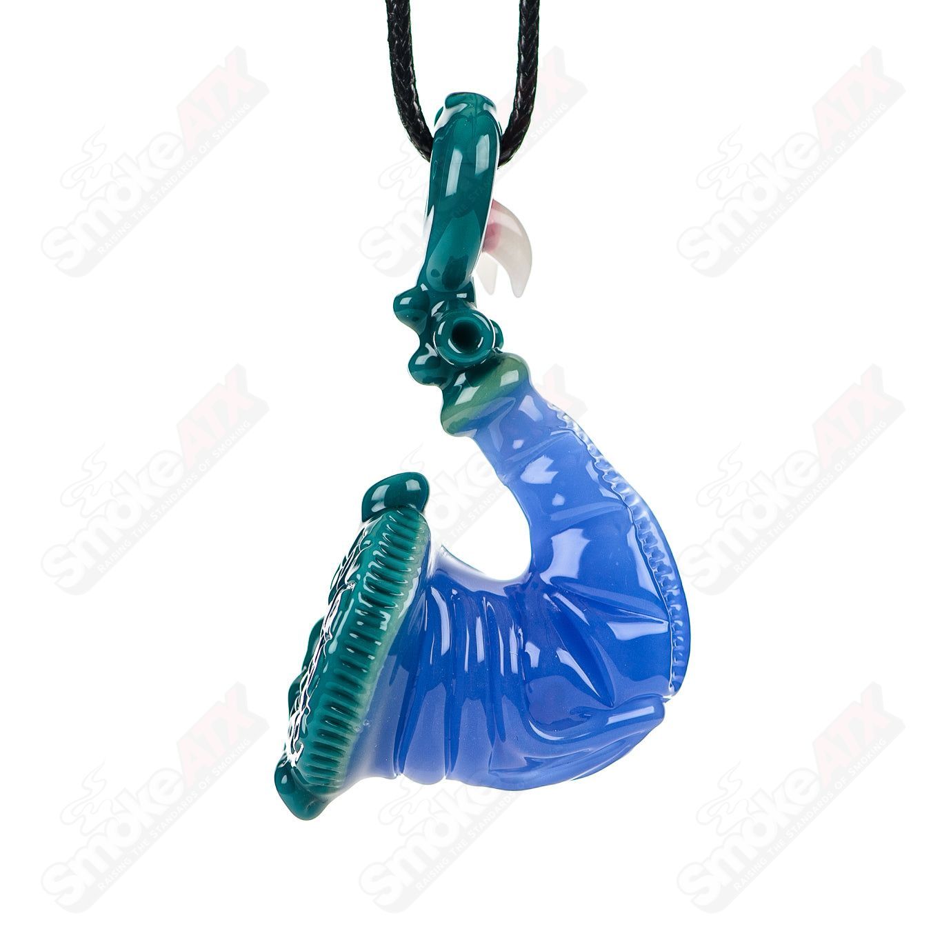 JMass Sherlock Pendant made of heady glass, featuring detailed design and vibrant colors, hanging on a chain.