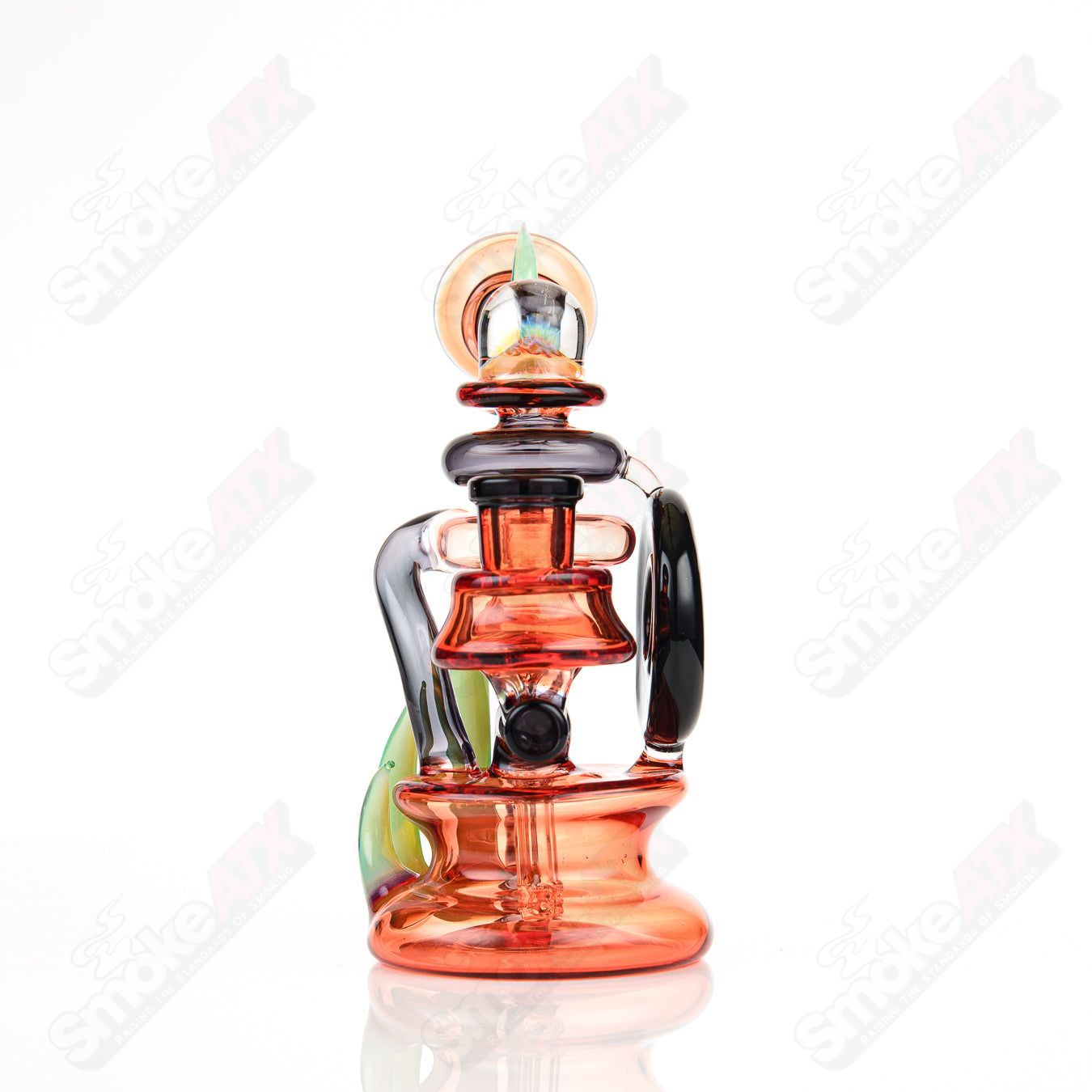 Freeek Glass Terpcycler Recycler Rig, heady glass piece with intricate design, showcasing a clear glass recycler with colorful accents.