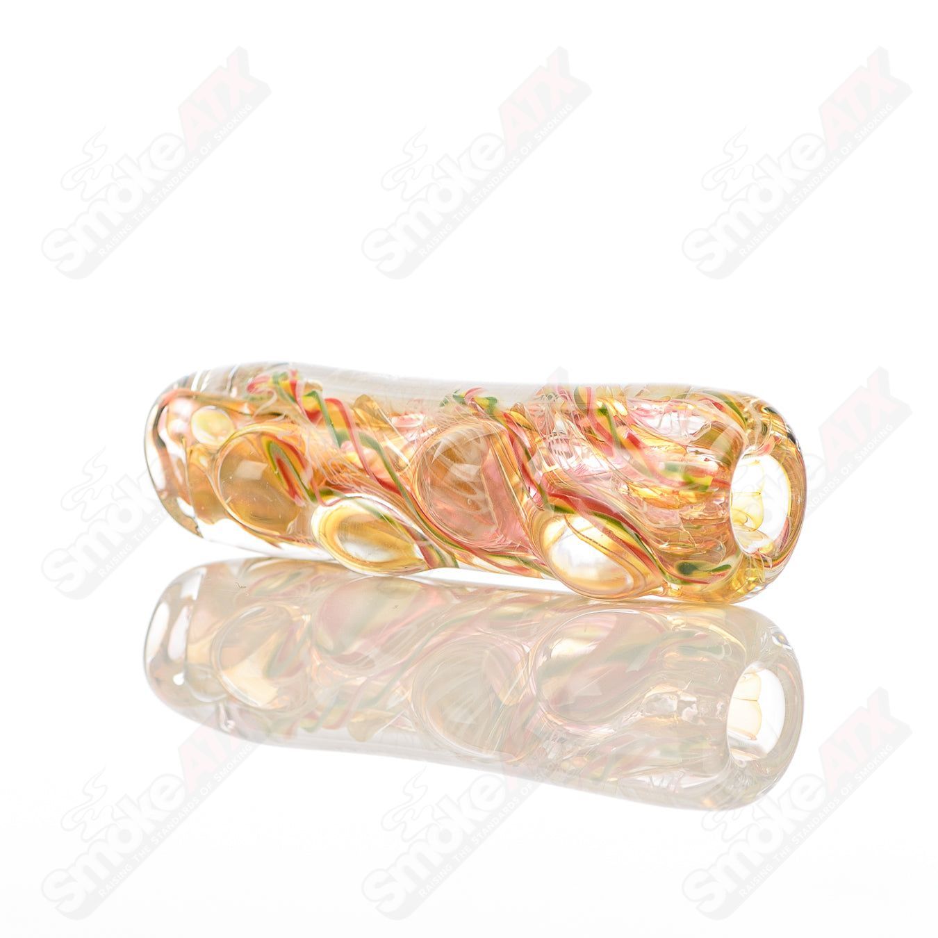 Texas Hot Glass 20 Taster Chillum glass pipe with colorful design, transparent glass body, and a smooth mouthpiece.