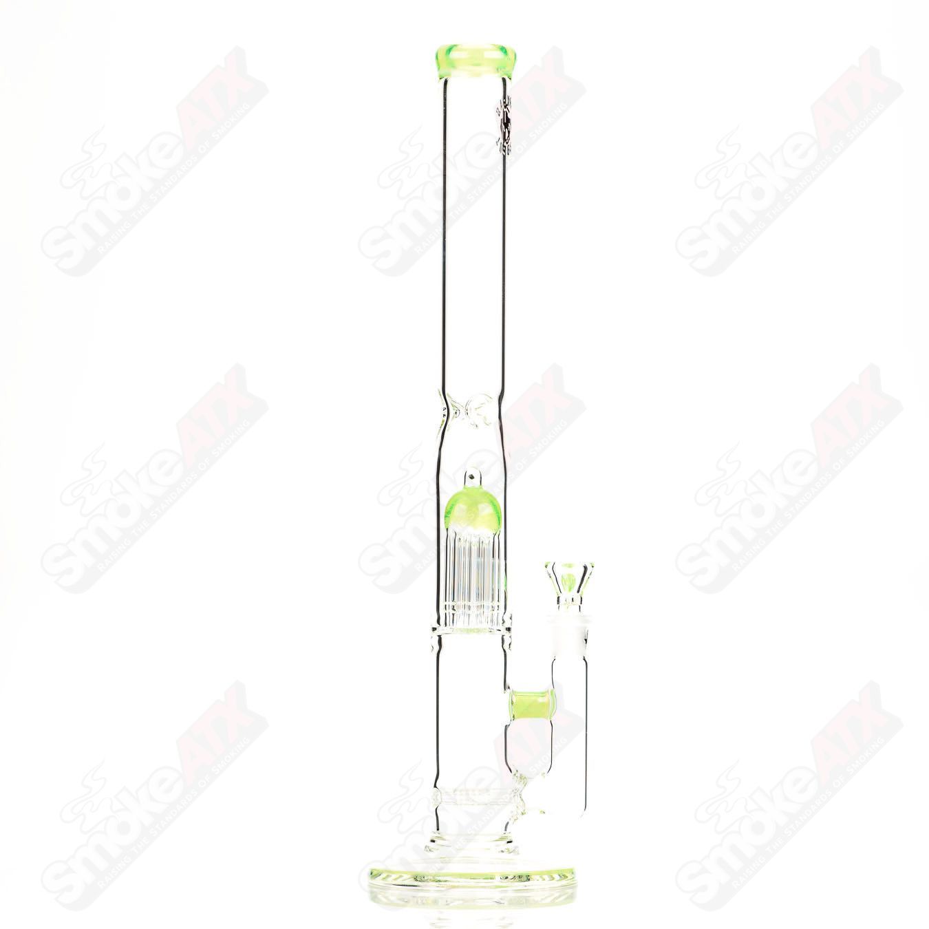 20-inch Texas Tubes glass straight tube with 18mm dual stemline 8-arm perc in green Slyme color, featuring a sleek design.