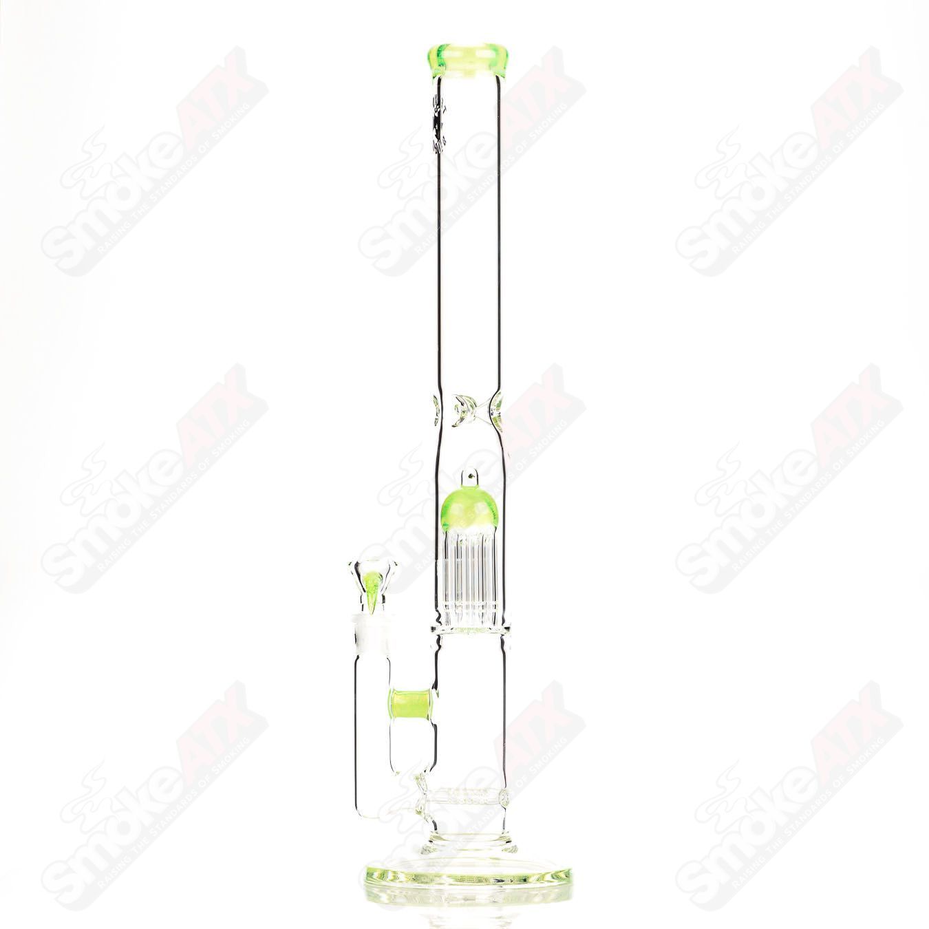 20-inch Texas Tubes glass straight tube with 18mm dual stemline 8-arm percolator in green Slyme color, showcasing intricate glass design.