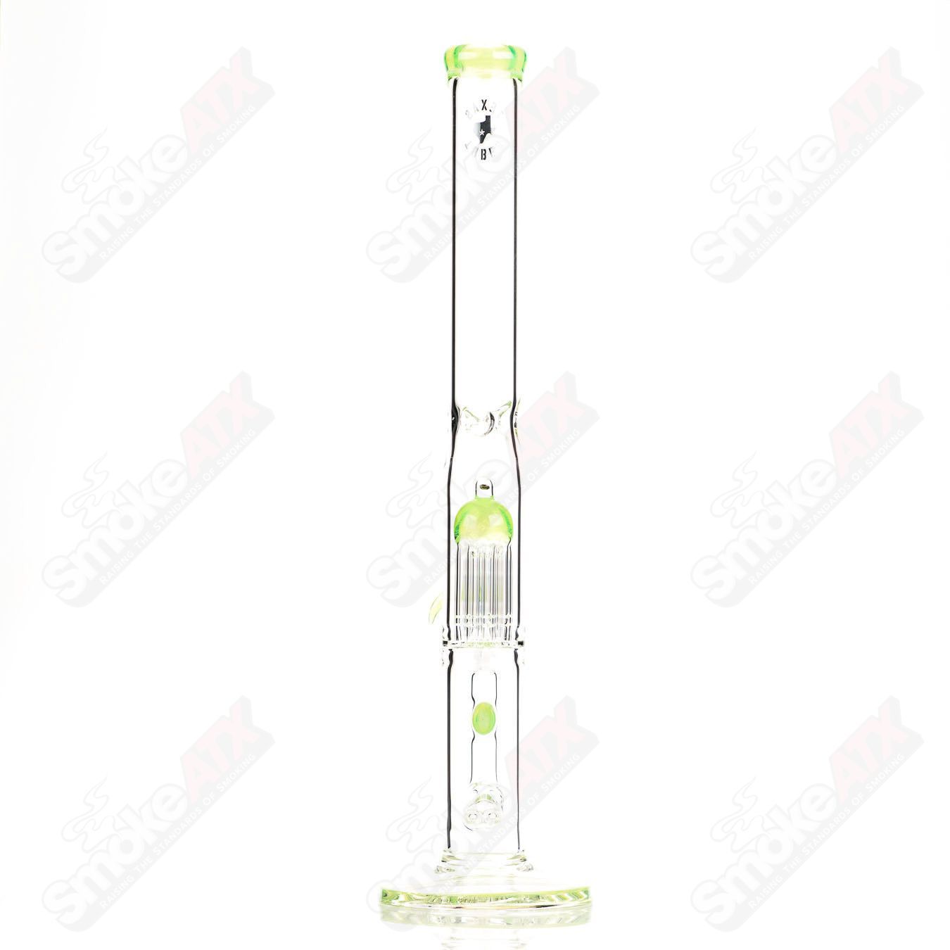 20-inch Texas Tubes glass straight tube with 18mm dual stemline 8-arm percolator in green Slyme color.