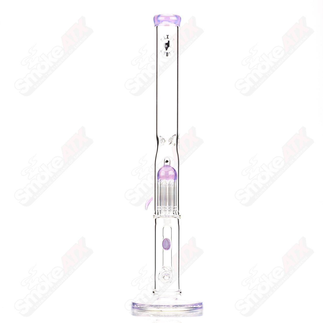 20-inch Texas Tubes glass straight tube with 18mm stemline and 8-arm pink Slyme design.