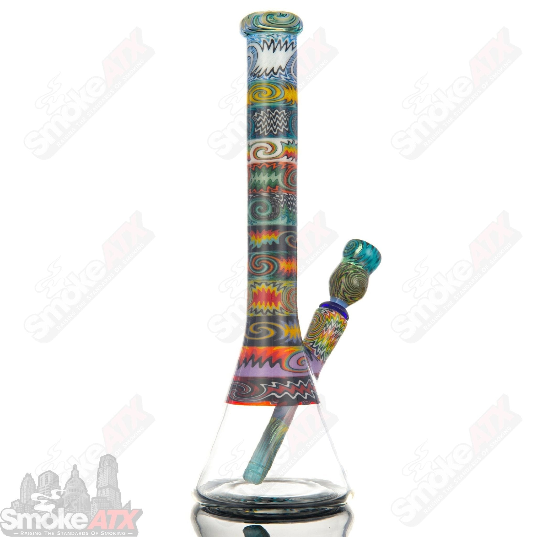 Strobel Glass 21-section Wig Wag Beaker, colorful heady glass beaker with intricate wig wag patterns and a sturdy beaker shape.