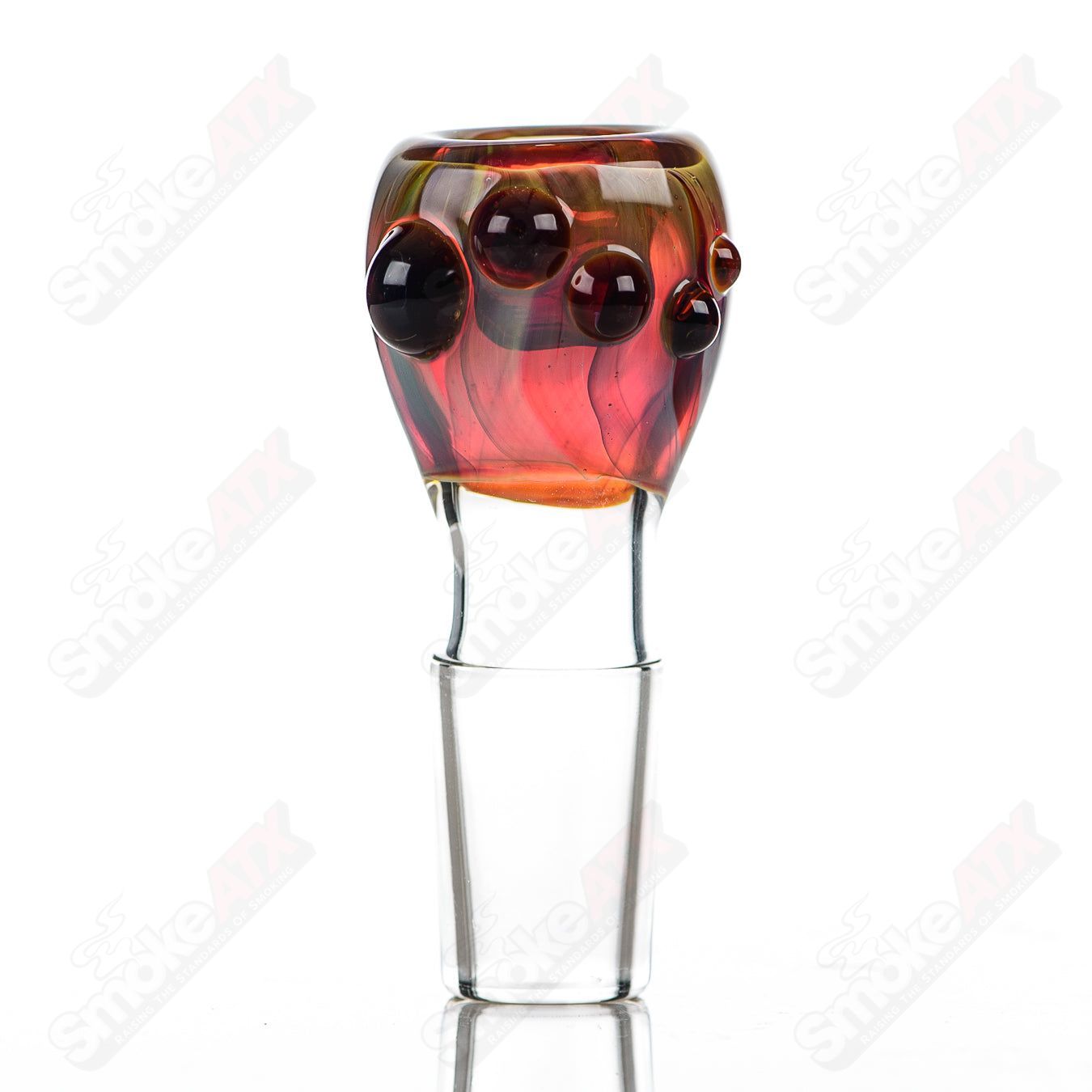 Colorful 18mm Dustorm Glass push slide bowl for smoking, featuring vibrant full-color design and clear glass construction.