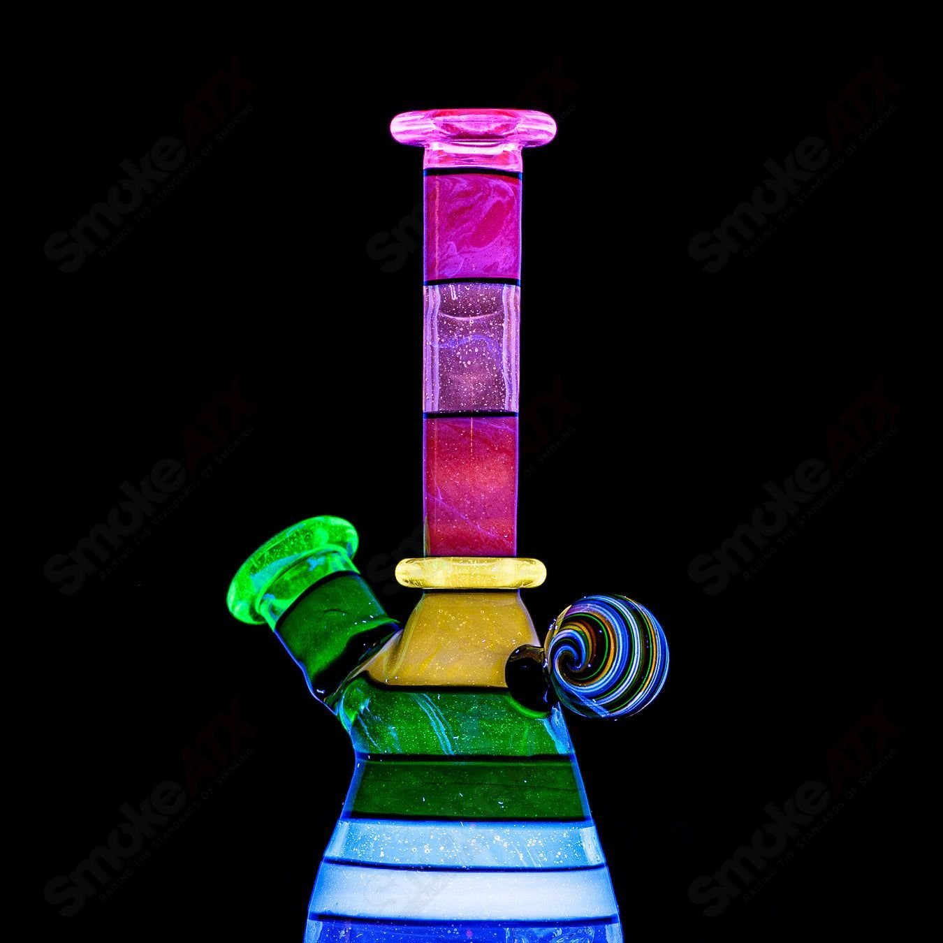 Dustorm Glass 14mm UV Secret Double Rainbow Tube waterpipe with colorful rainbow pattern and clear glass accents.