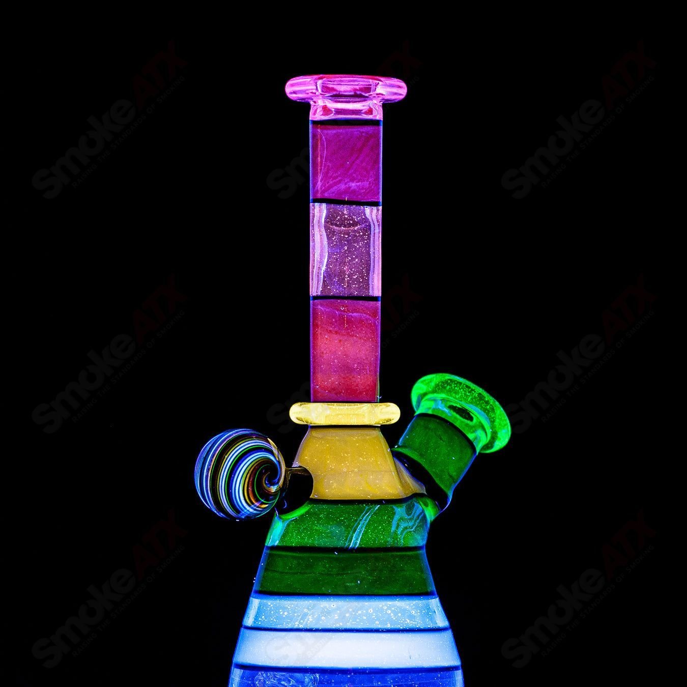 Dustorm Glass 14mm UV Secret Double Rainbow Tube waterpipe featuring vibrant rainbow-colored glass and clear craftsmanship.
