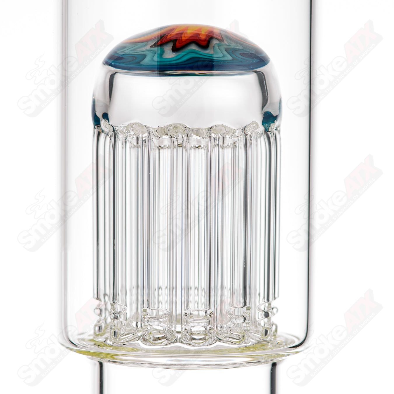 Toro 18mm 7/13 arm perc straight glass tube with worked sections, clear design, and intricate glasswork.