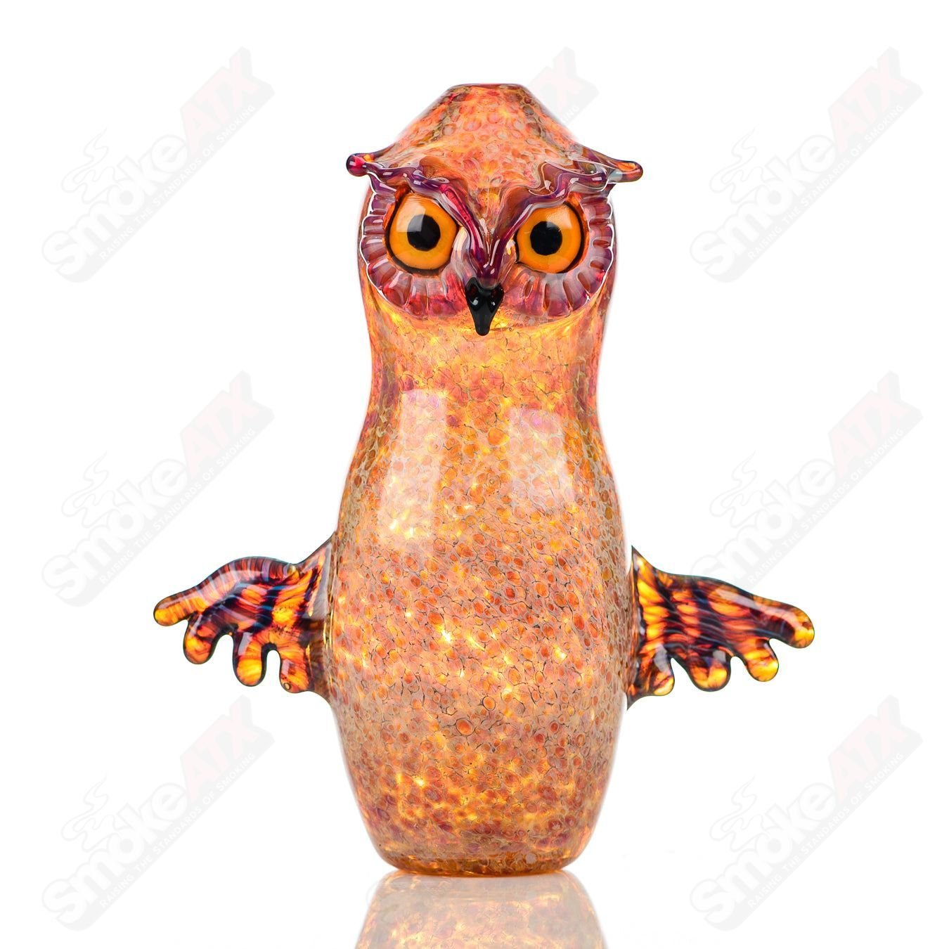 Glass pipe with three-hooter design by Four Winds Flameworks, featuring colorful, intricate glasswork and a smooth, rounded shape.