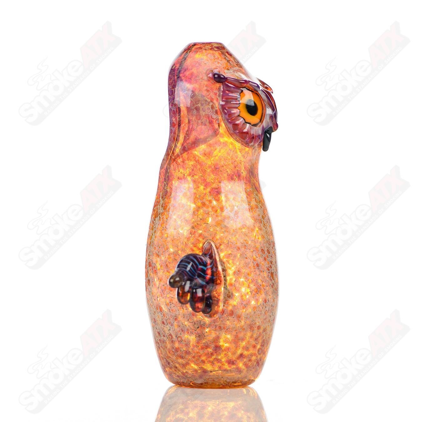 Glass pipe with three hooter design by Four Winds Flameworks, featuring intricate glasswork and vibrant colors.