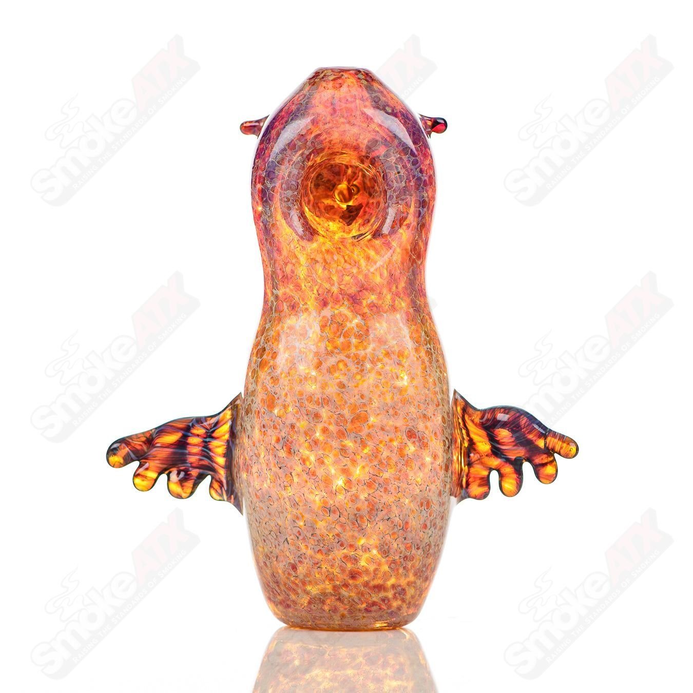 Glass pipe from Four Winds Flameworks with three hooters and colorful flameworked details, designed for smoking enjoyment.