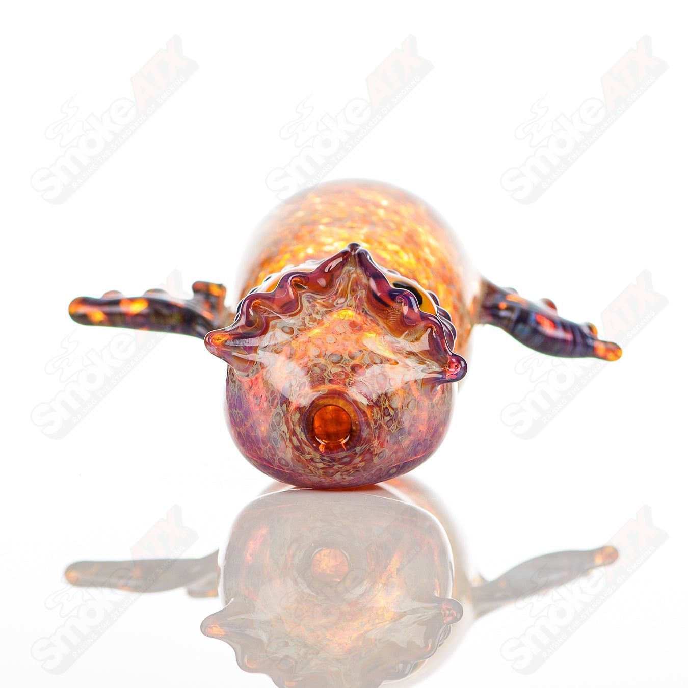 Colorful glass pipe with three hooters by Four Winds Flameworks, featuring intricate flameworked details and vibrant design.