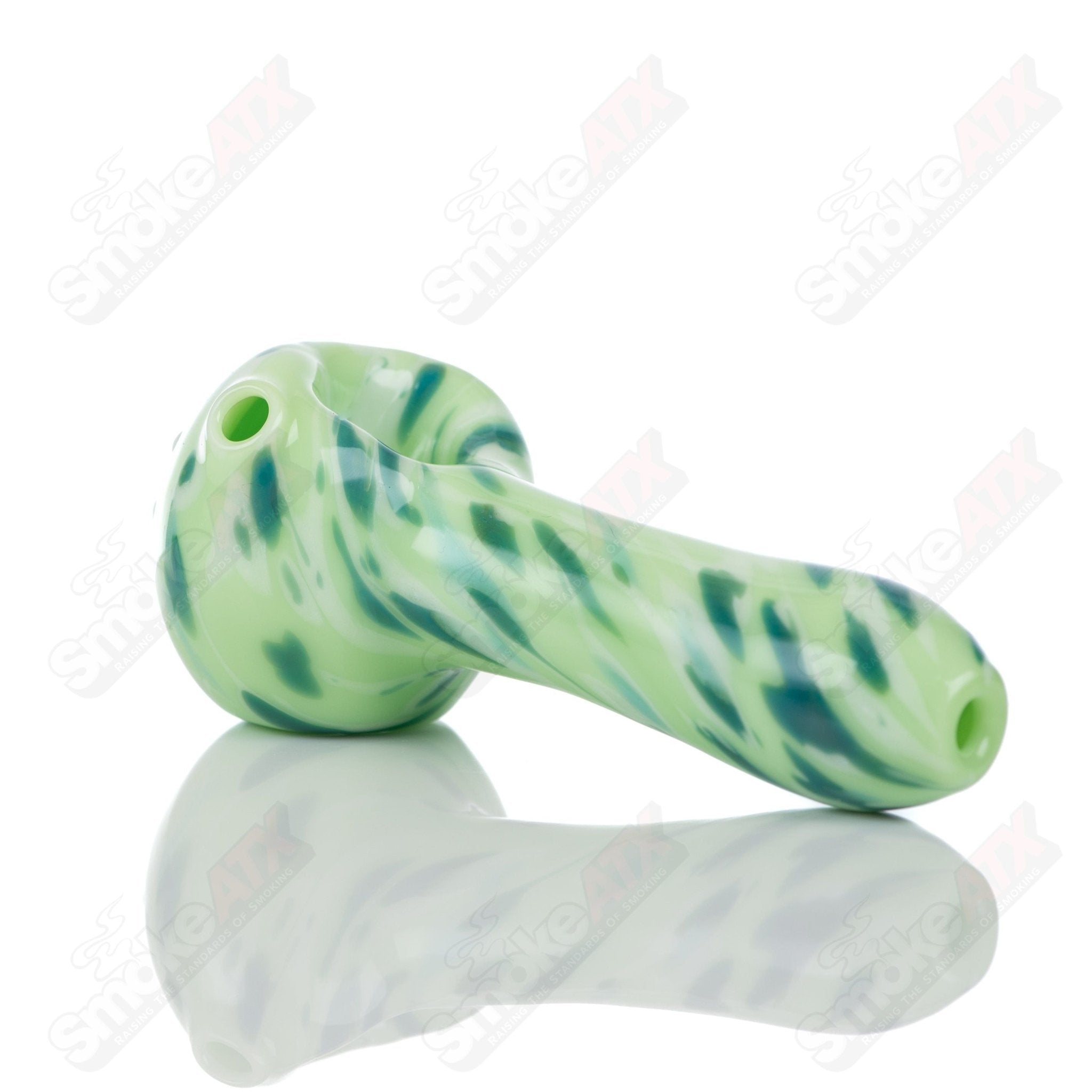 Colorful Kiwi Splatter glass pipe by Adventures In Glass Blowing, featuring a spoon design with vibrant splatter details.