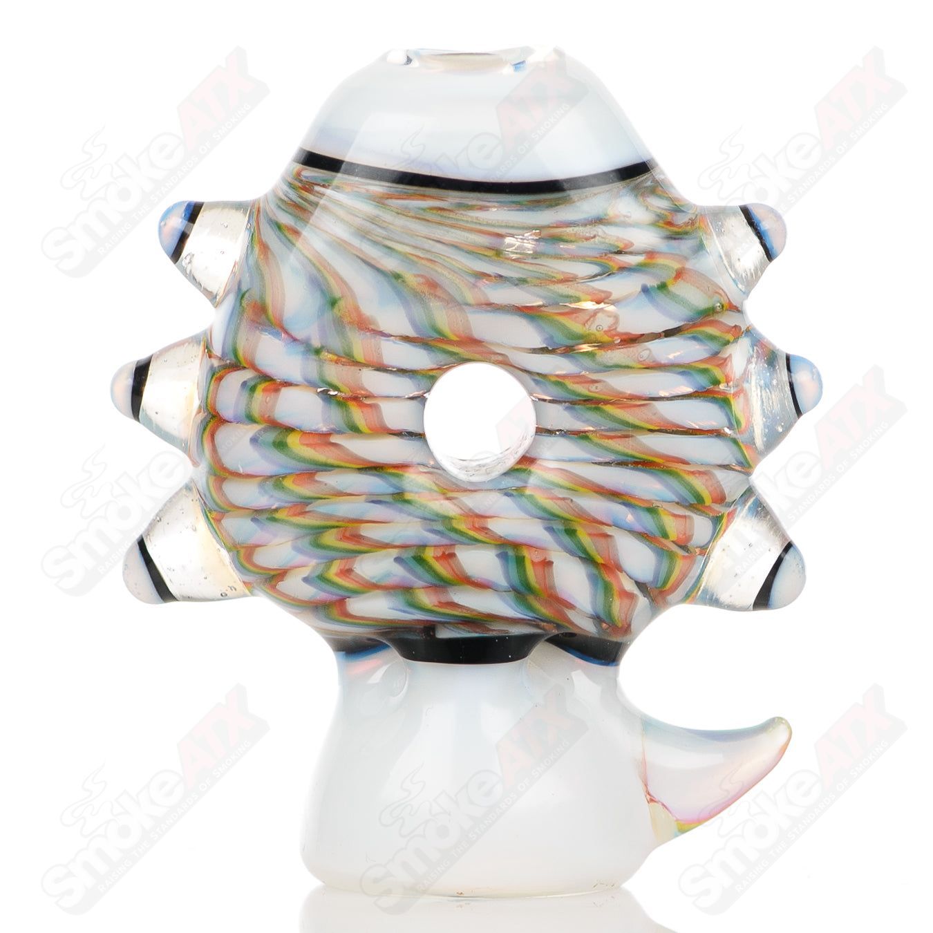 Large glass donut chillum by Baby Dabs, designed for baby dabs, featuring a colorful donut shape and compact glass construction.