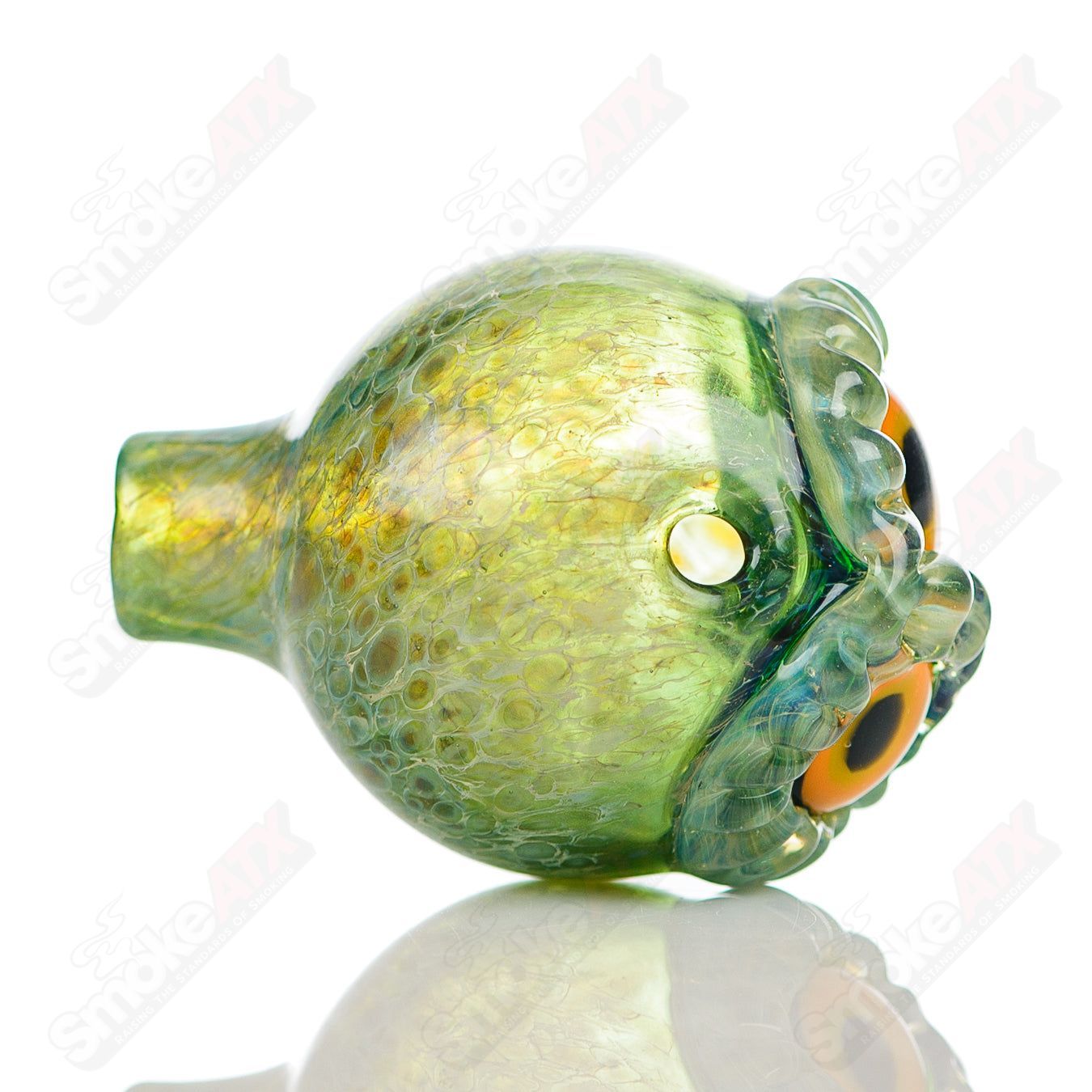 Glass spotted owl carb cap by Four Winds Flameworks, featuring detailed owl design for vapor dab accessories.