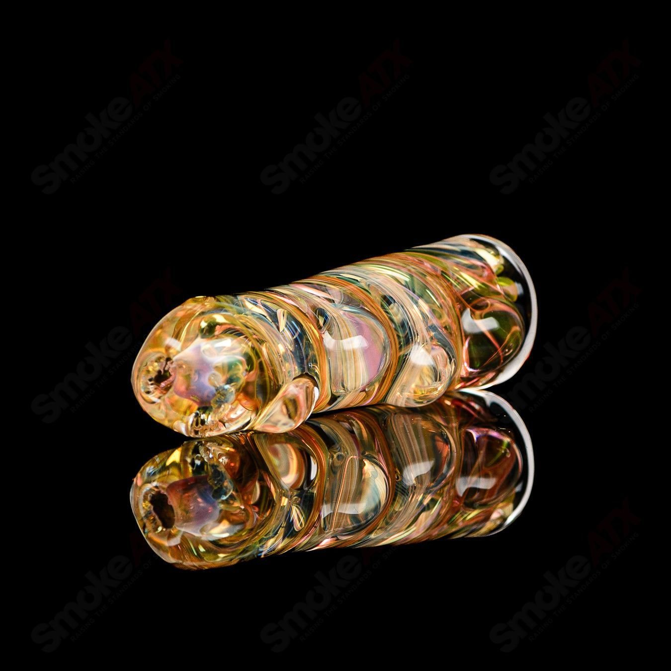 Texas Hot Glass #3 Taster Chillum glass pipe with colorful design, used for smoking, shown against a neutral background.