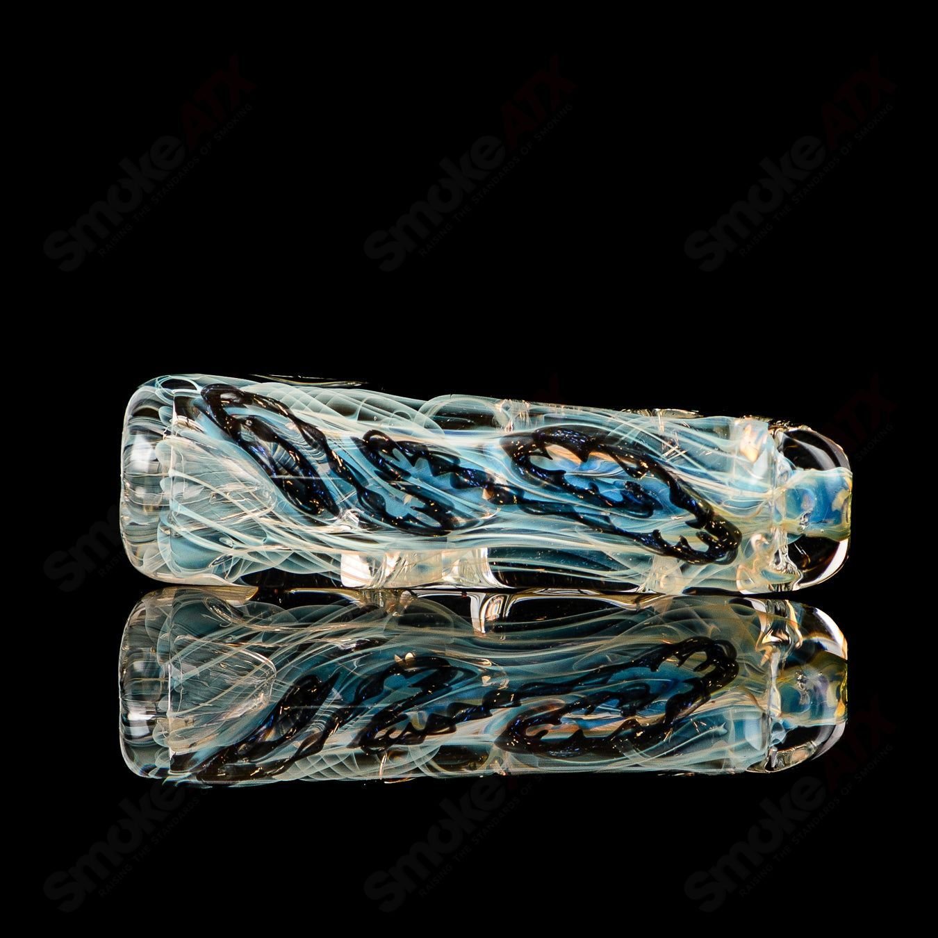 Clear glass chillum pipe with "Taster Texas Hot" branding, designed for smoking, made by Texas Hot Glass.