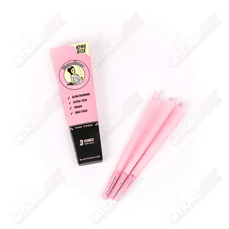 Three king-size pink Blazy Susan cones for rolling, featuring vibrant pink design and high-quality cannabis rolling paper.