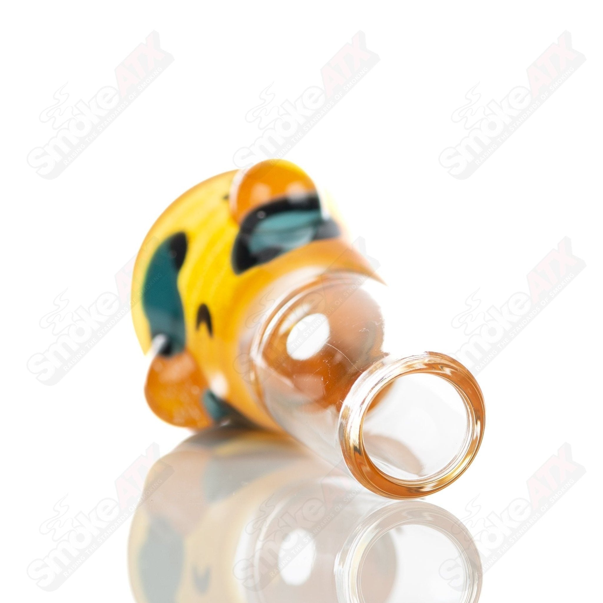 Leopard print 18mm martini glass bowl with dot accents by Adventures In Glass Blowing, showcasing colorful glass art and craftsmanship.
