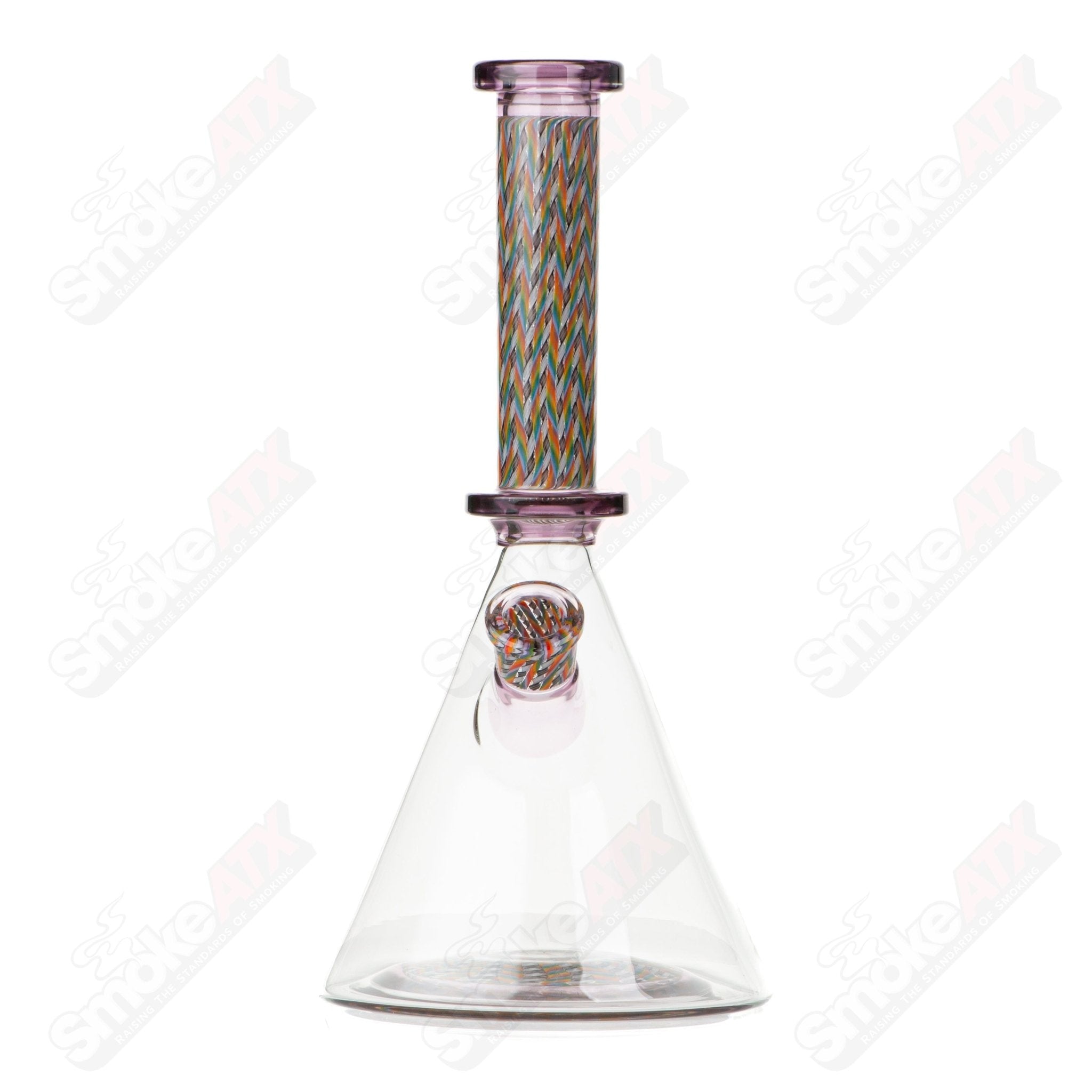 Clear beaker from Stephan Peirce Glass x Harold Cooney Heady Glass collection with a rounded lip and transparent glass body.