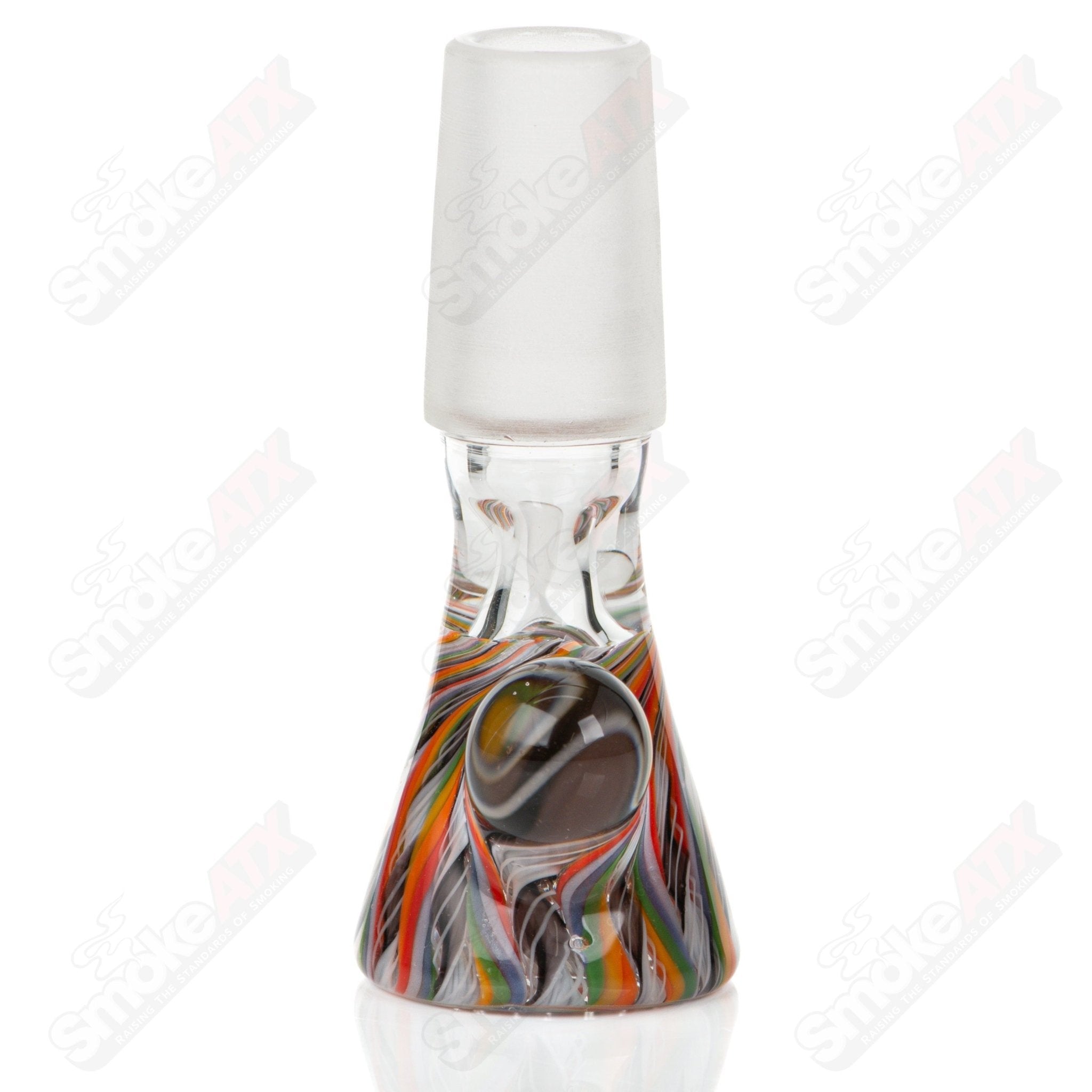 Beaker from Stephan Peirce Glass x Harold Cooney, heady glass beaker with intricate design and clear glass construction.