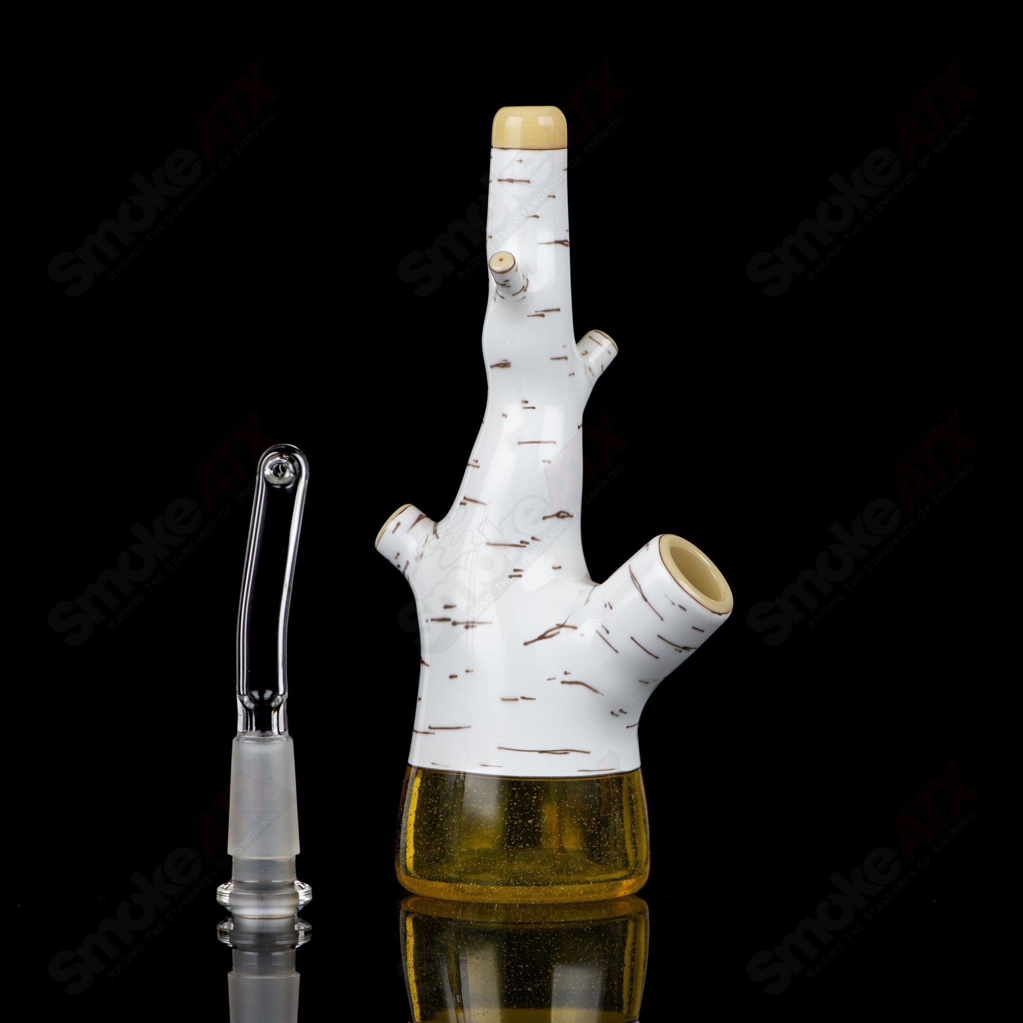 Foster Glass #4 Birch Tube Foster Glass heady concentrate rig with clear glass and intricate design, suitable for dabbing or concentrate use.