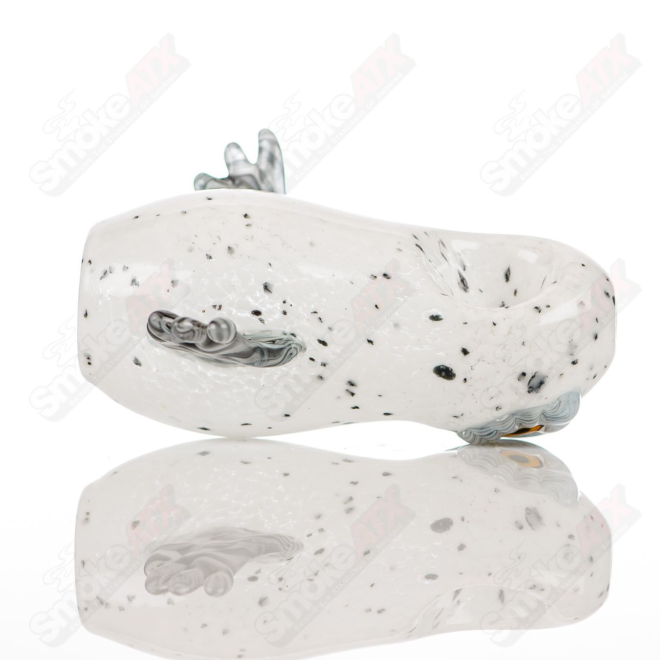 Glass pipe with four-hooter design from Four Winds Flameworks, featuring intricate colorful glasswork and a smooth shape.