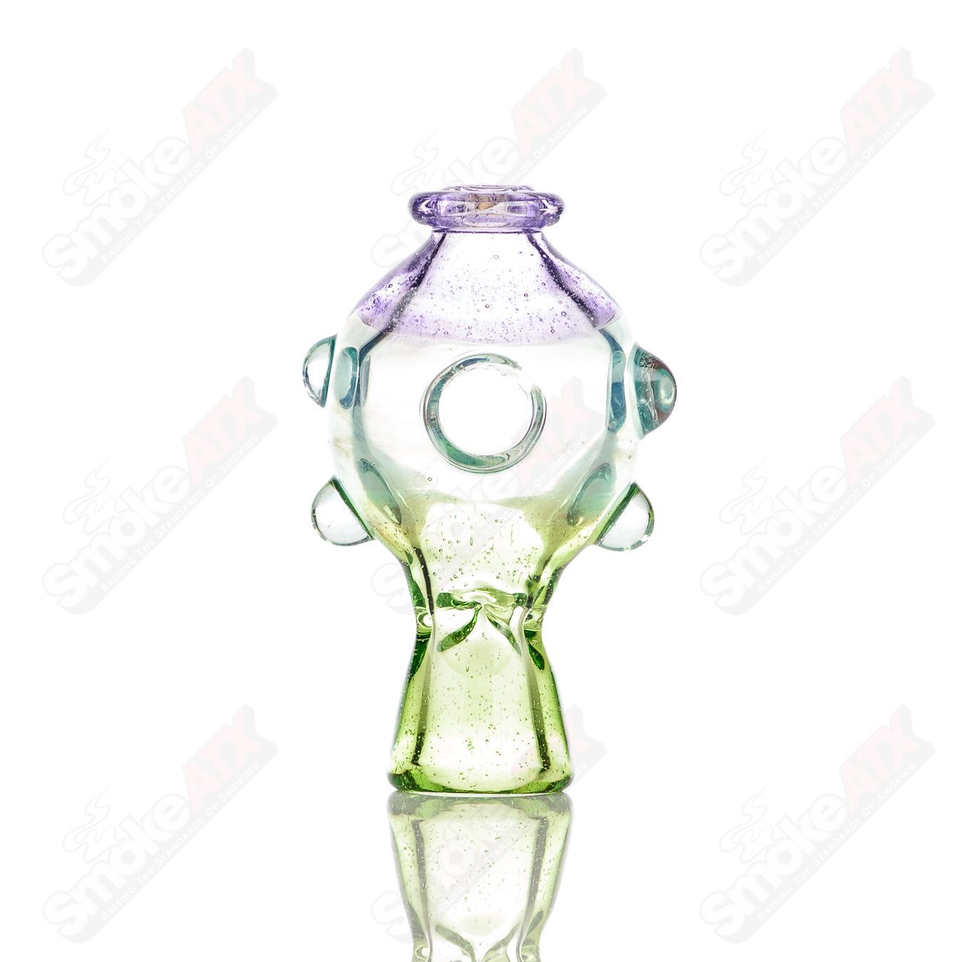 Large glass donut chillum by Baby Dabs, designed for baby dabs, featuring a colorful donut shape and clear glass construction.