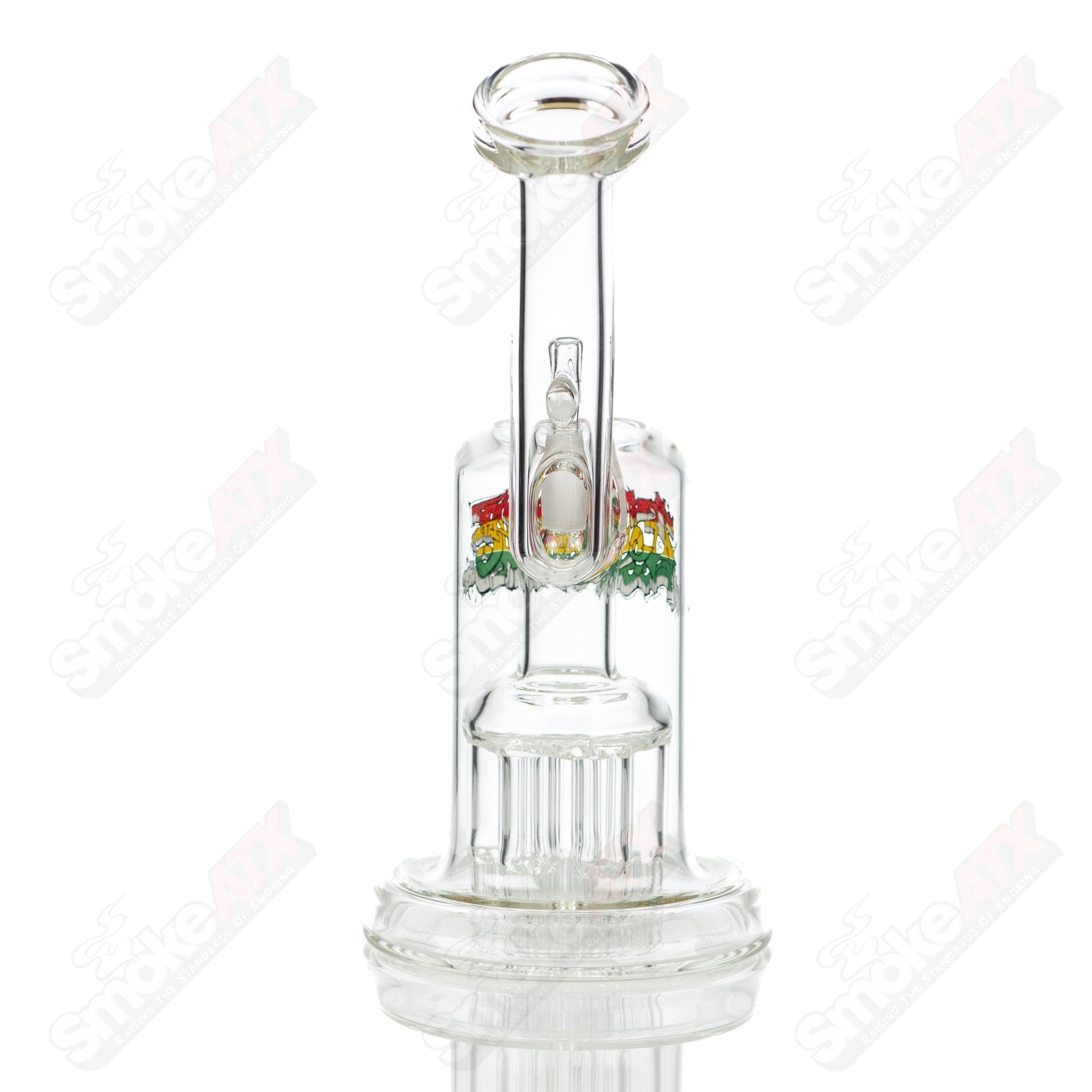 Leisure Glass Rasta 44 Mag bubbler with colorful Rasta design and clear glass body for smooth smoking experience.