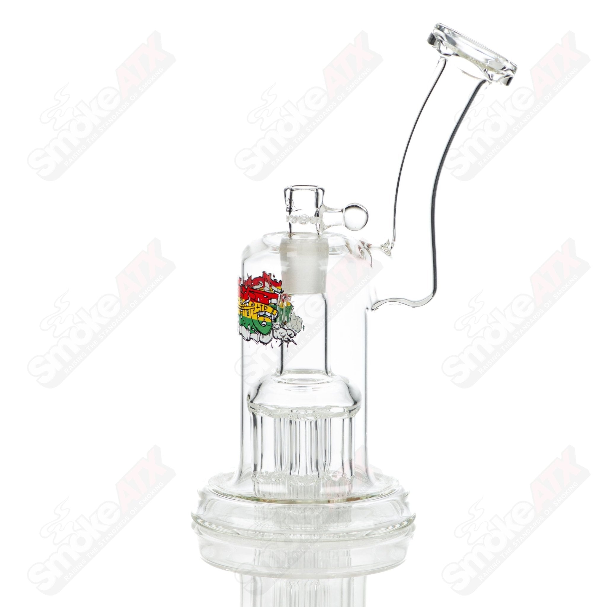 Leisure Glass Rasta 44 Mag bubbler with colorful Rasta design and clear glass body for smooth smoking experience.