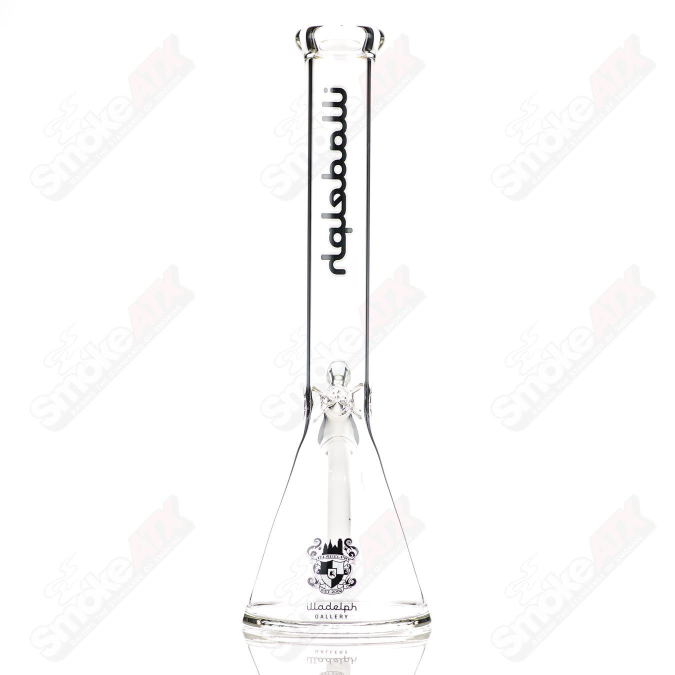 Black 15-inch Illadelph glass beaker waterpipe with 45mm joint, featuring a sturdy design and clear viewing chamber.
