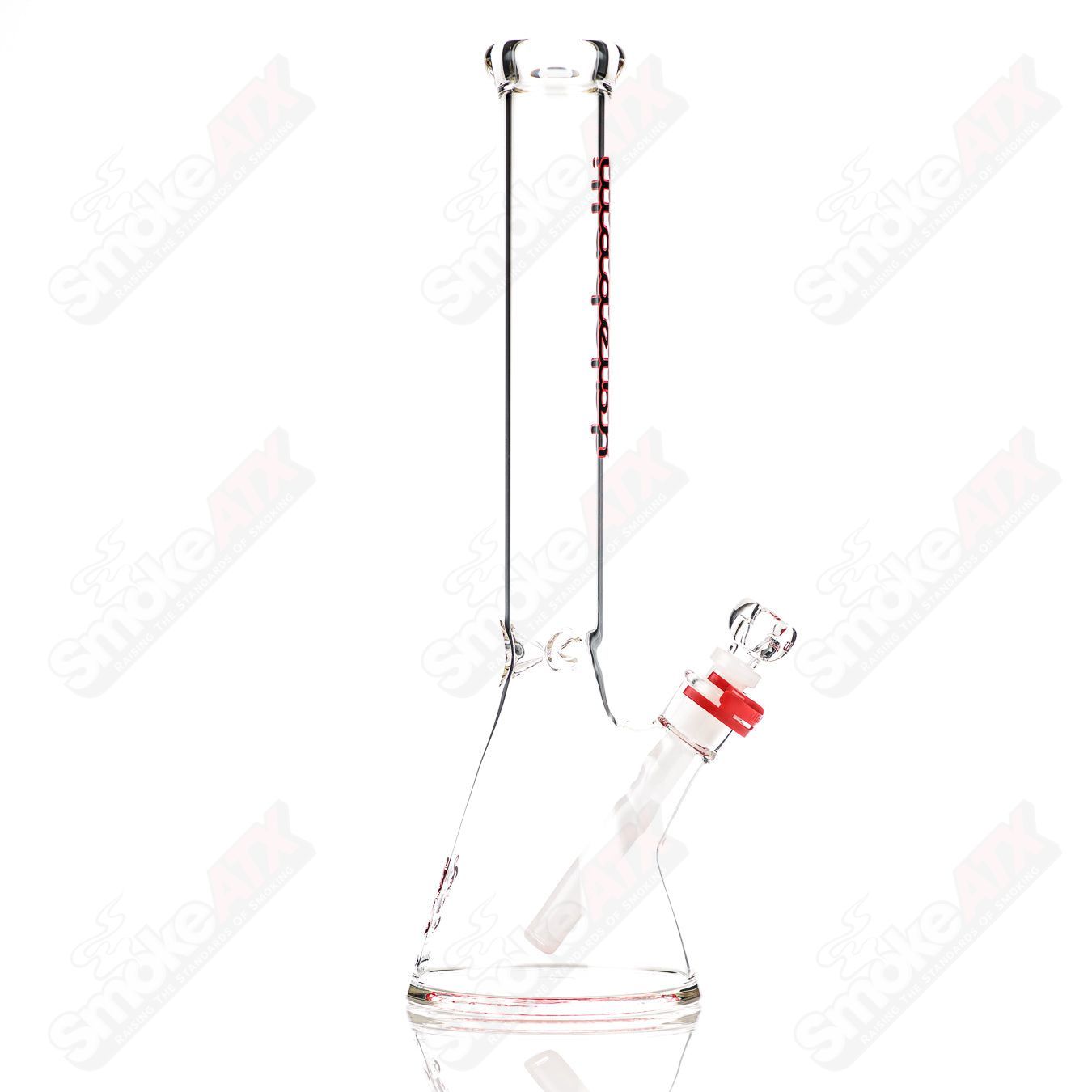 Black and red 15-inch glass beaker waterpipe by Illadelph, featuring a 45mm opening and intricate design details.