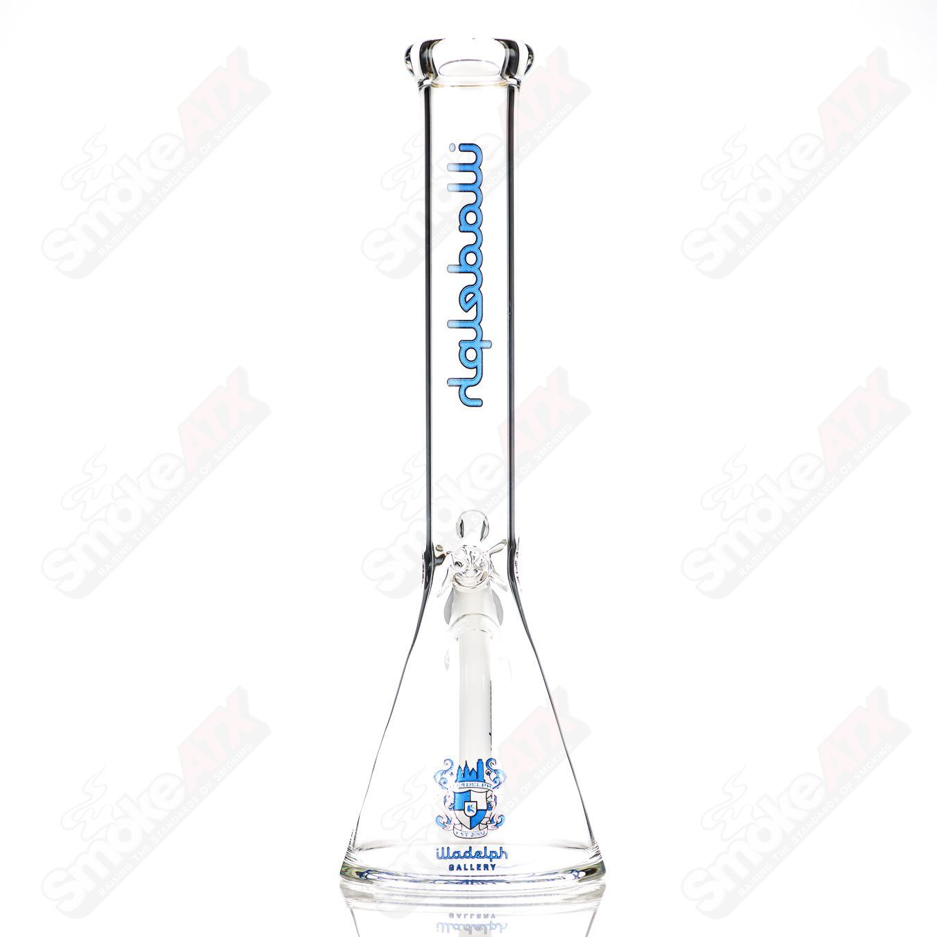 Navy blue 15-inch Illadelph glass beaker with 45mm opening, clear glass base, and sturdy construction for smoking or mixing.