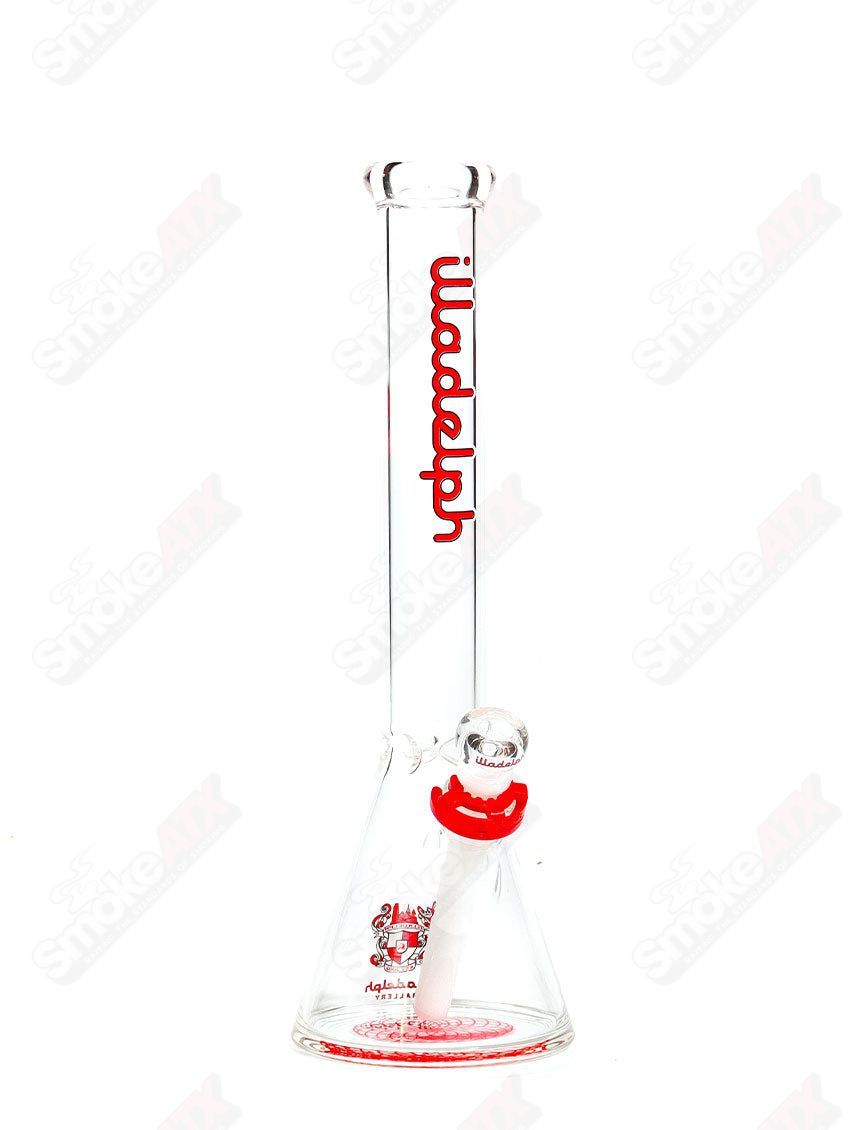 Red 15-inch beaker waterpipe by Illadelph, featuring a 45mm opening and clear glass design for smooth smoking.
