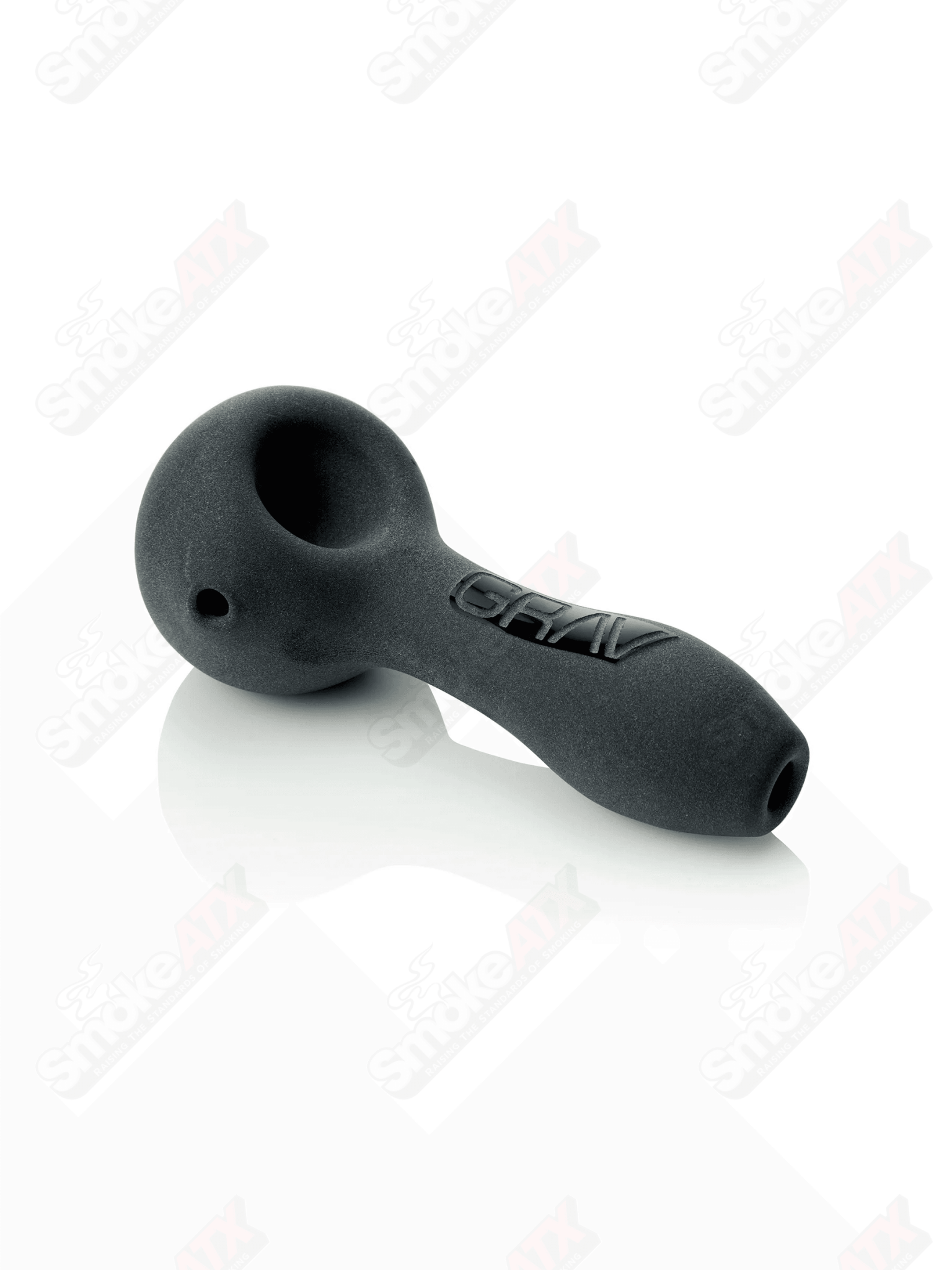 Black sandblasted glass spoon pipe by Grav Labs, 4 inches tall, with textured finish and ergonomic design.