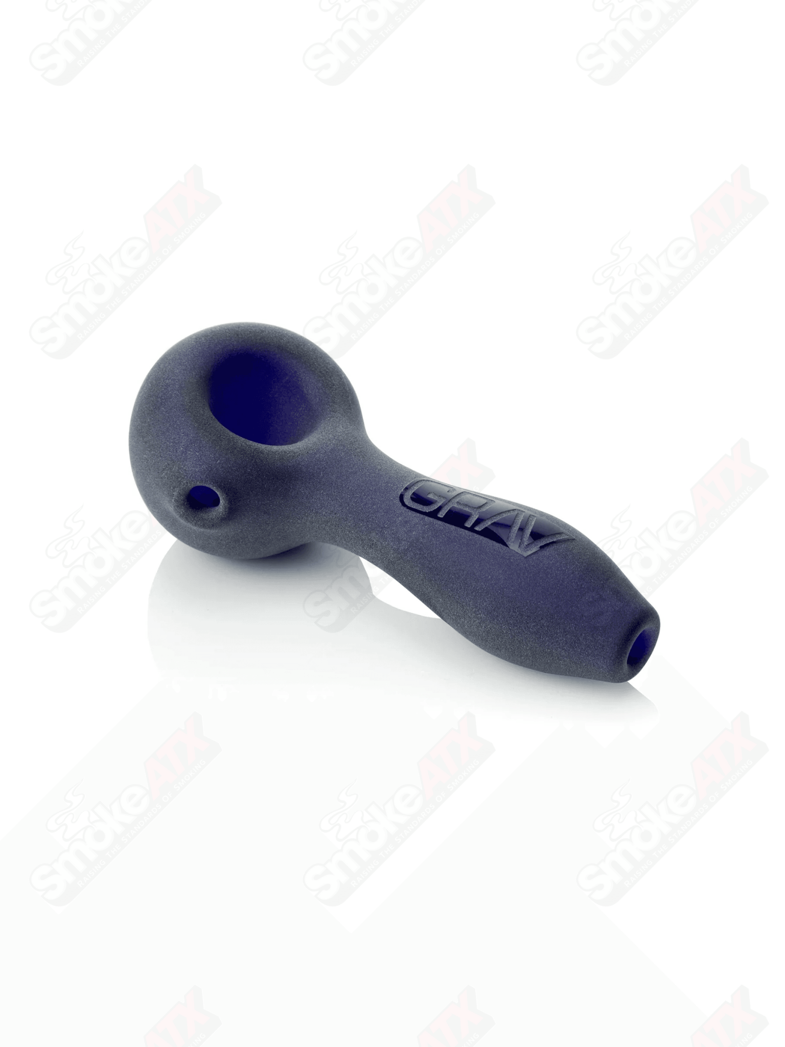 Blue sandblasted glass spoon pipe by Grav Labs, 4 inches tall, with textured finish and smooth bowl for smoking.