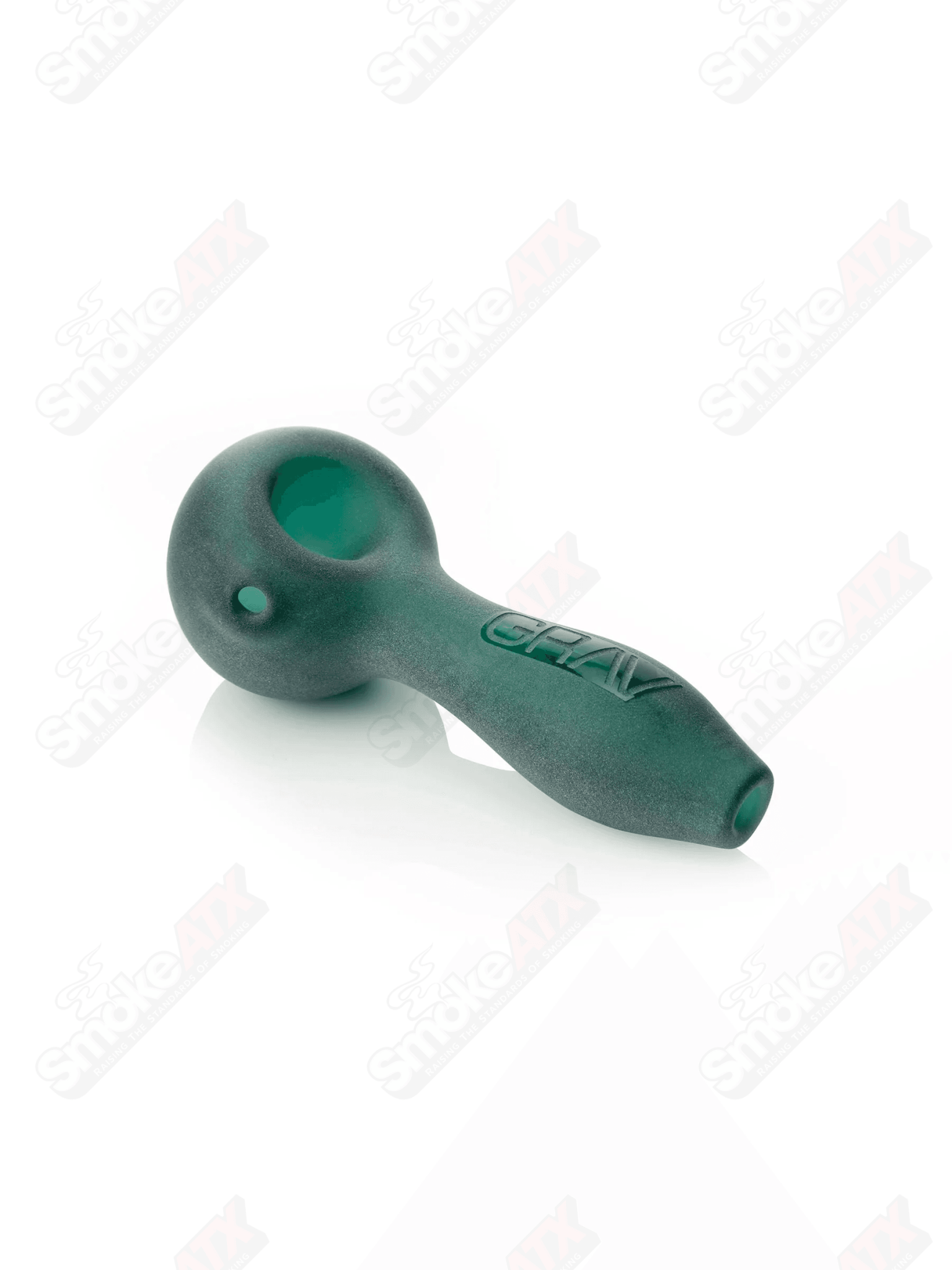 4-inch lake green sandblasted glass spoon pipe by Grav Labs, featuring textured surface and smooth bowl design.