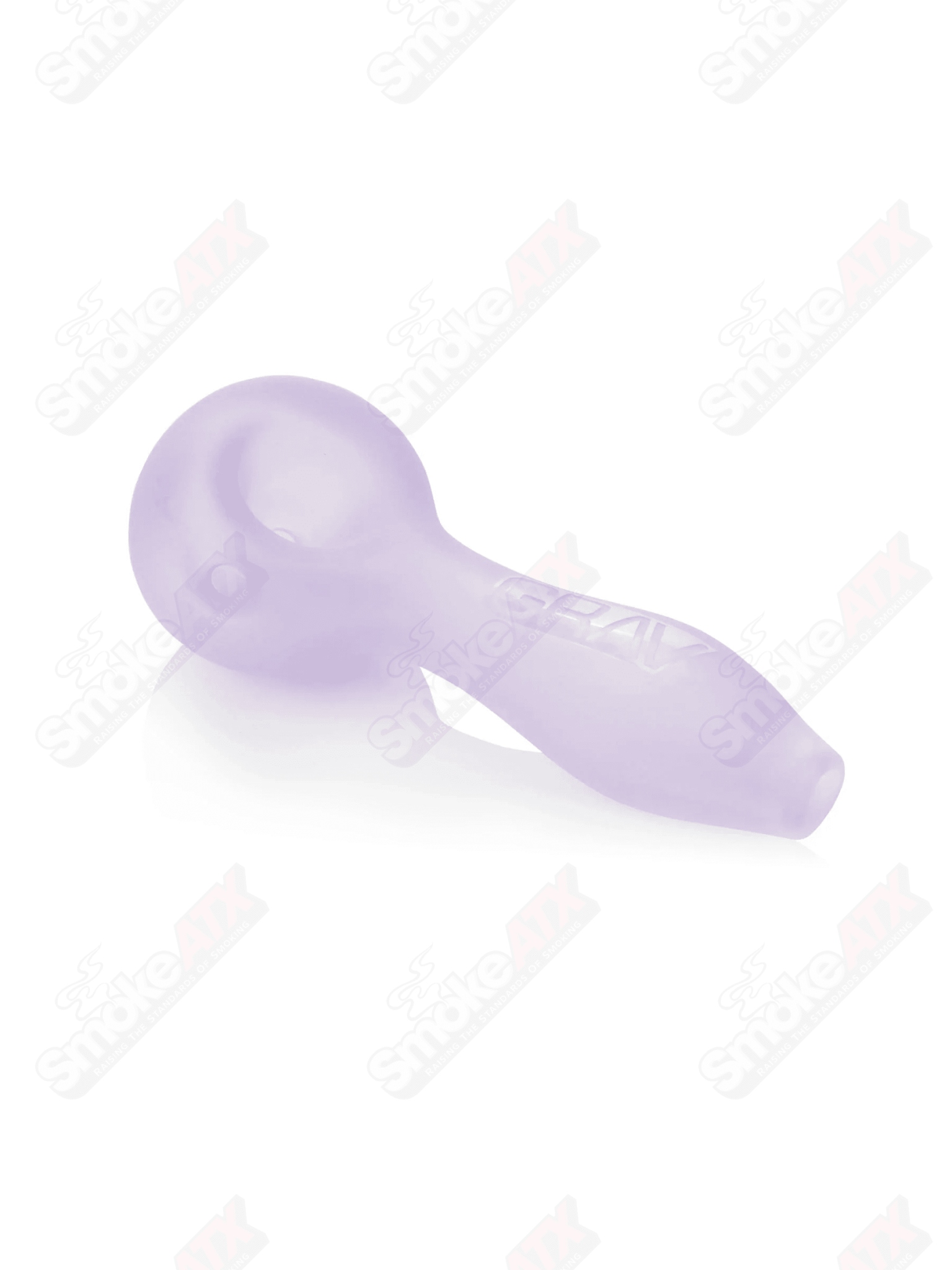Lavender sandblasted glass spoon pipe by Grav Labs, 4 inches tall, with textured surface and smooth bowl for easy use.