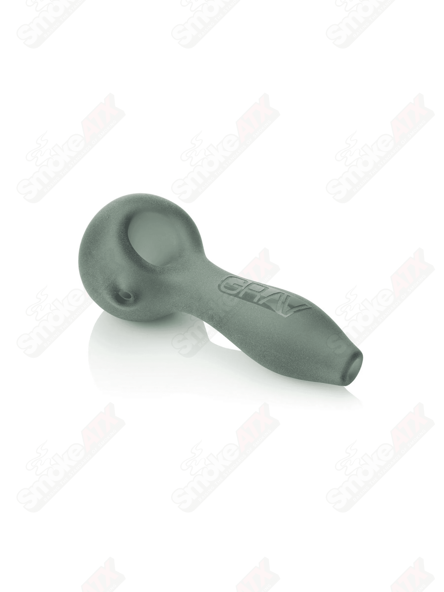 4-inch smoke-colored sandblasted glass spoon pipe by Grav Labs, featuring a sleek and textured design for smoking enjoyment.