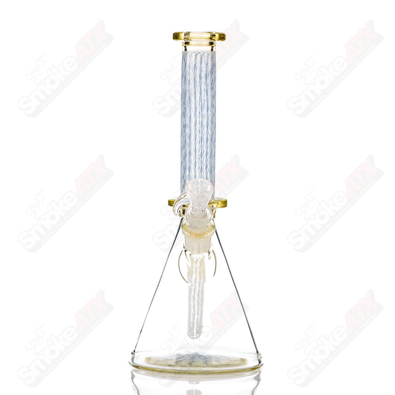 Clear glass #5 beaker from Steven Pierce Glass x Harold Cooney Heady Glass collection, featuring a cylindrical shape and measurement markings.