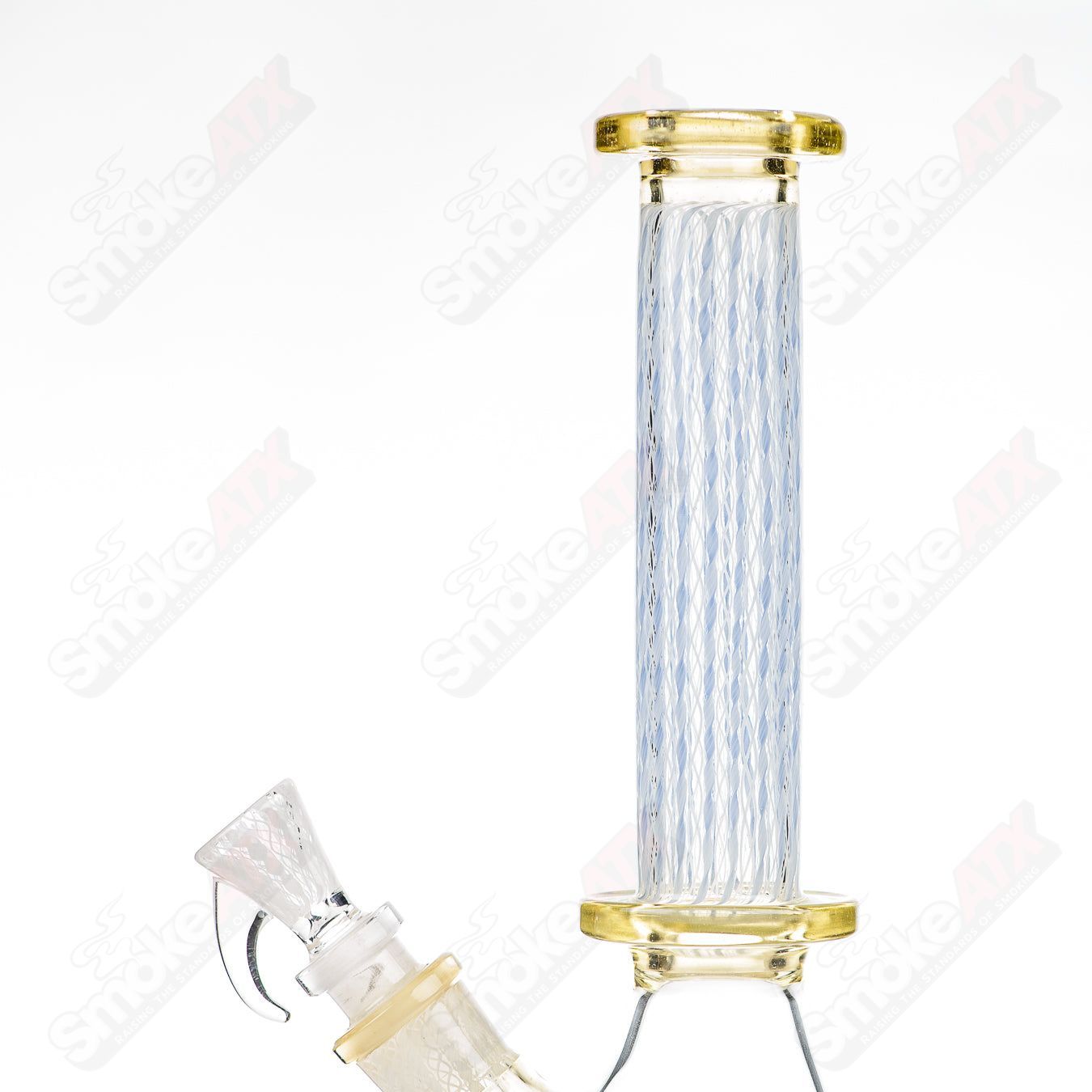 Clear Steven Pierce Glass x Harold Cooney #5 beaker from Heady Glass collection, featuring a sleek cylindrical design with colorful accents.