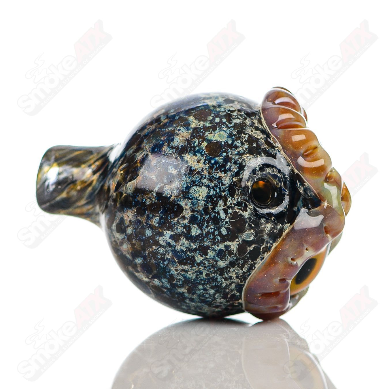 Glass #5 Spotted Owl Carb Cap by Four Winds Flameworks, featuring a detailed spotted owl design for concentrate vaporization.